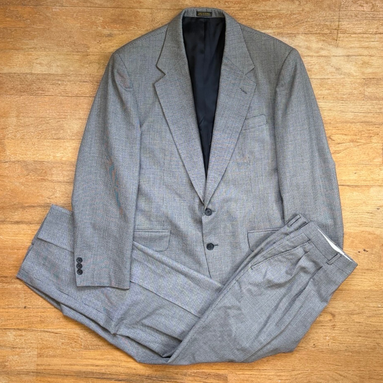Vintage Mens Suit Set Size 40R Blazer 32×30 Pants 80s Crosshatch Wool Black/Gray
