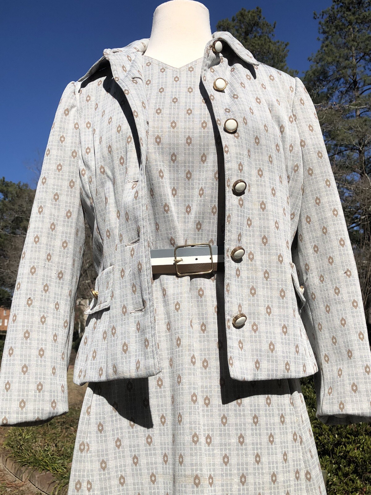 Vintage 70’s Light Blue Plaid Secretary Suit w/ Cute Stripe Belt & pockets