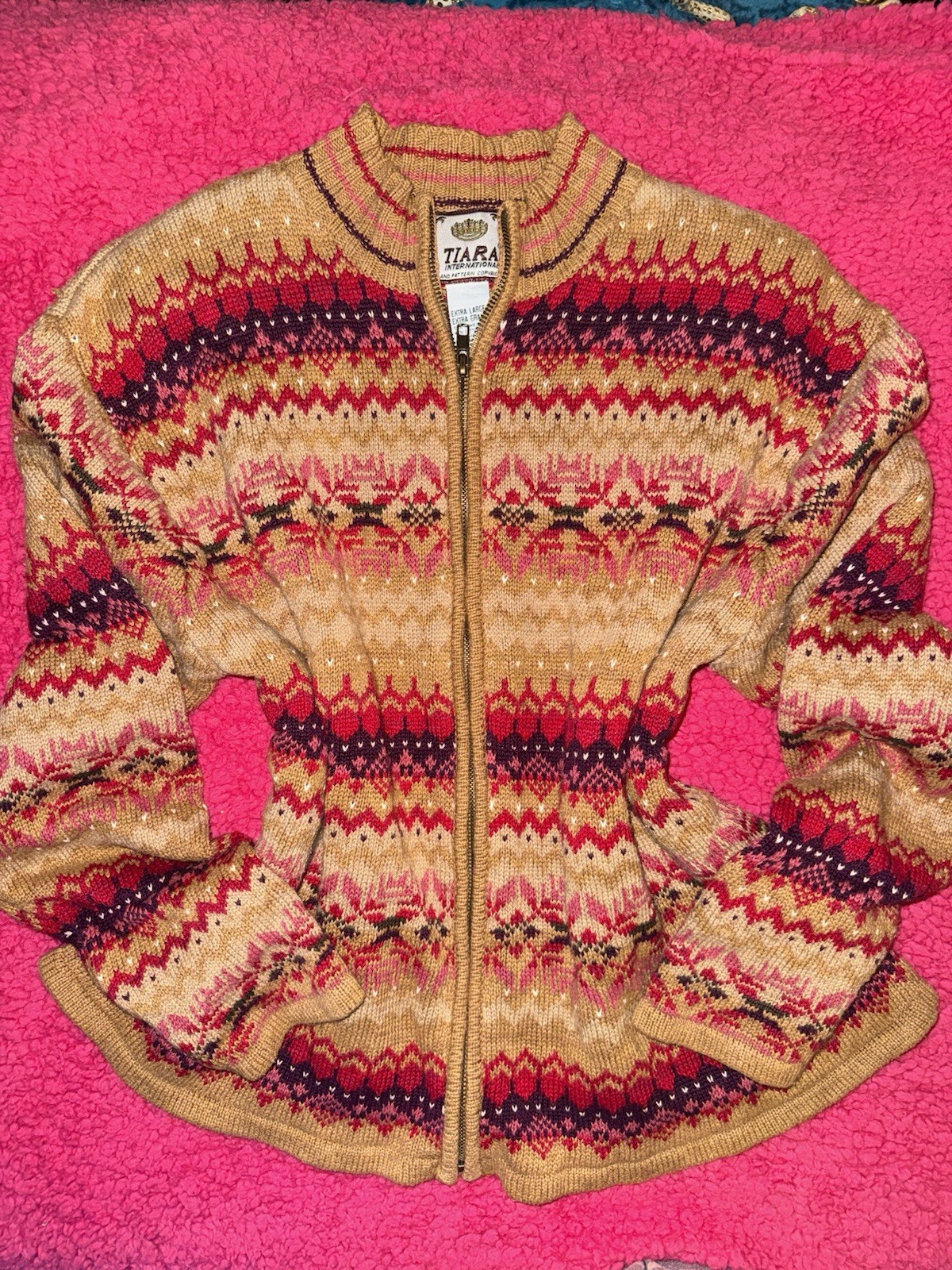 TIARA INTERNATIONAL VTG Multi-Color Tan Fall Full Zip Sweater Cardigan X Large