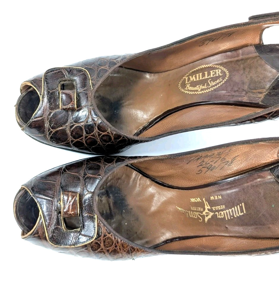 ​Vtg 1940s I Miller Genuine Alligator Peep Toe Slingback Heels Pumps Womens 7AAA
