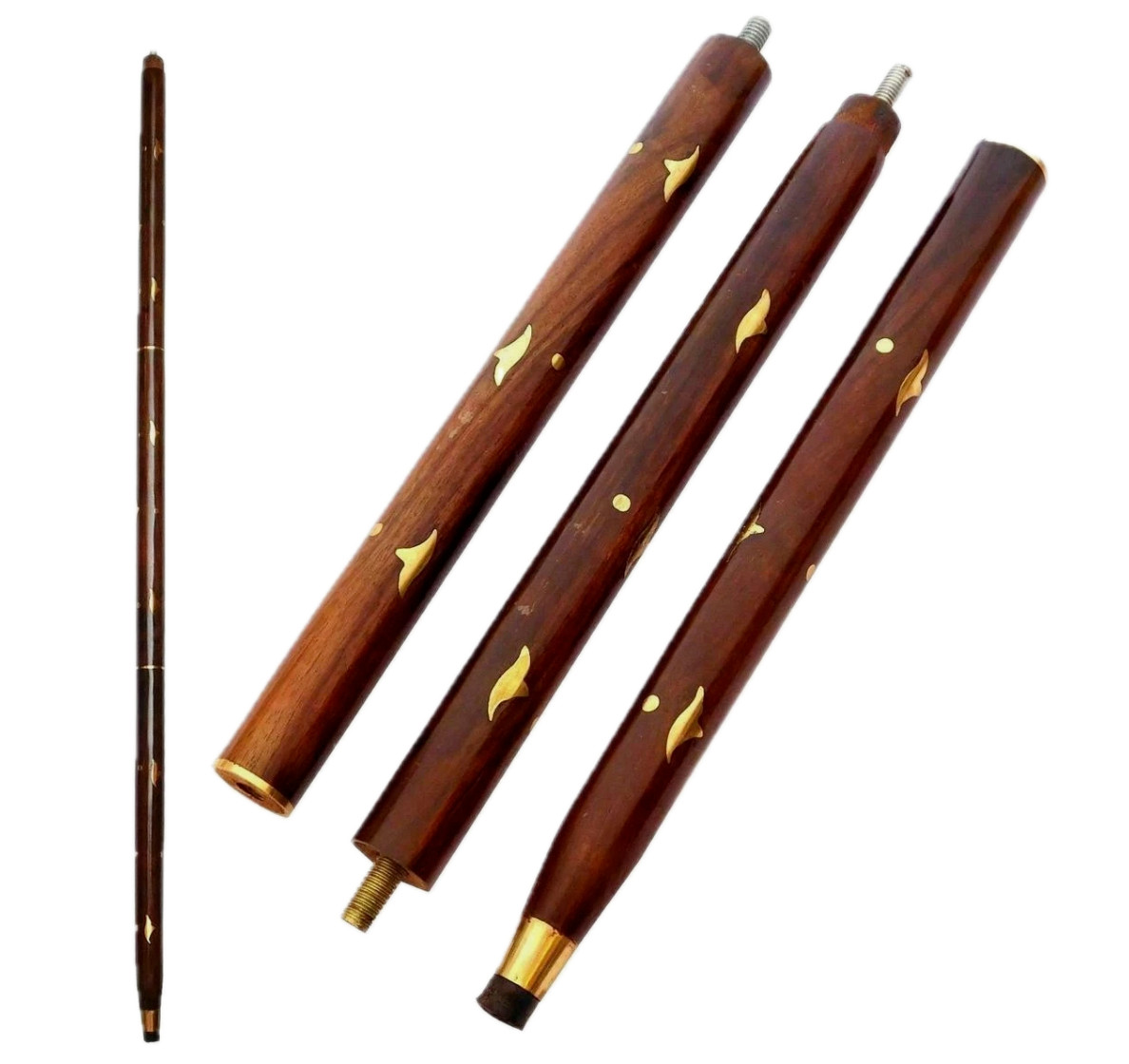 3 Fold BROWN Wood Walking Stick Brass Vintag For Cane ( Only wooden shaft ) Gift