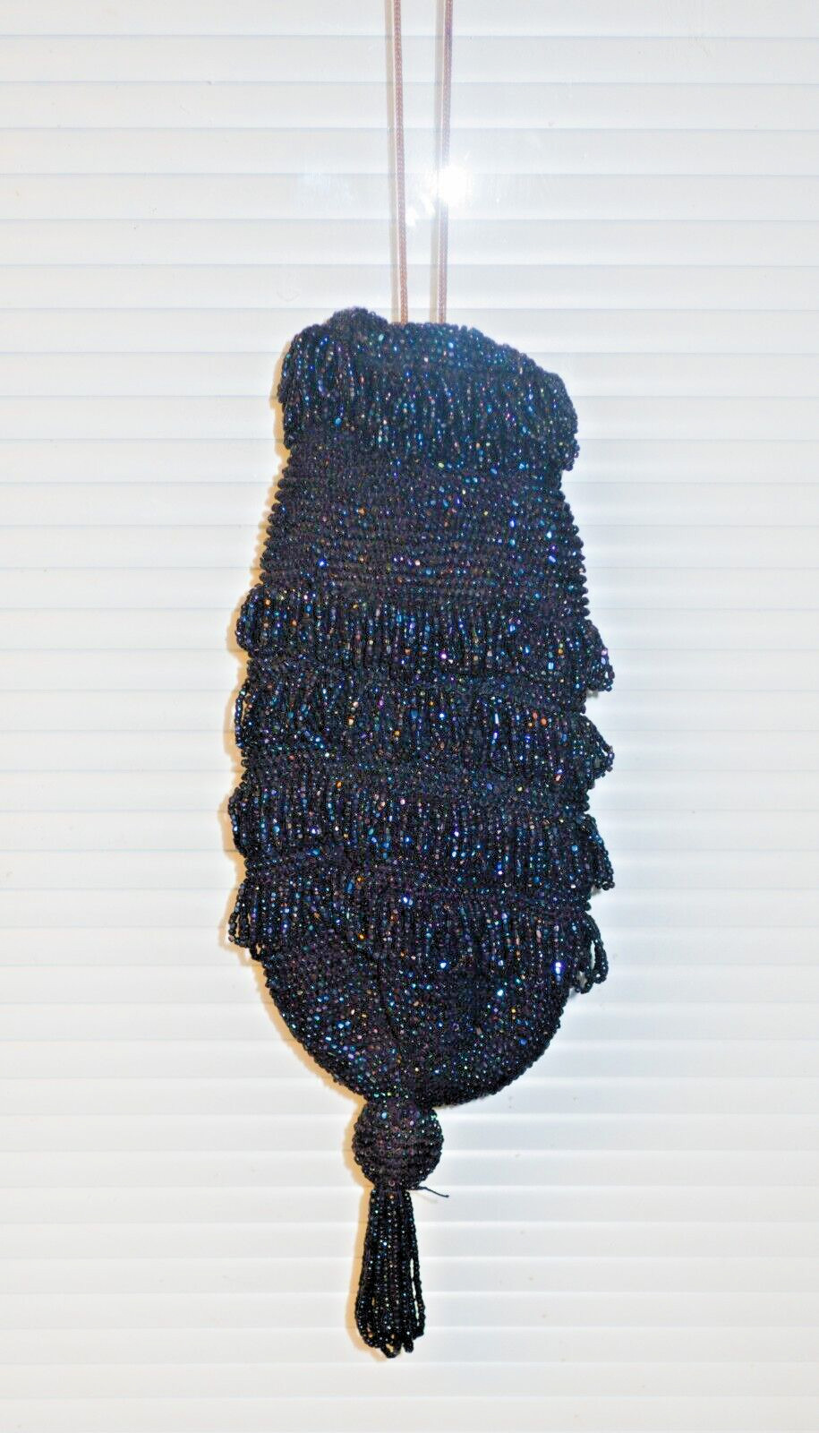 Antique Vtg Black Beaded Purse Victorian Evening Bag Fringe Lined Flapper Deco