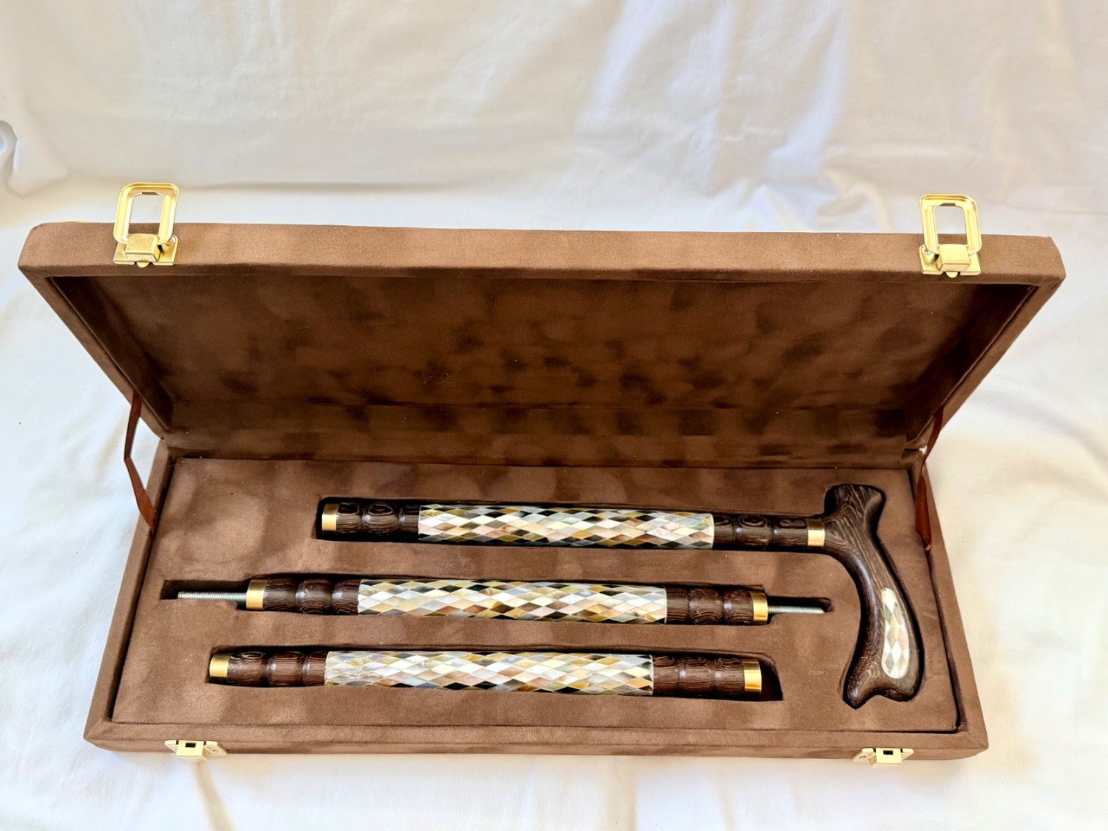 Egyptian Beech Wood Walking Stick Handle Cane Case Inlaid Paua Shell 38″ Long
