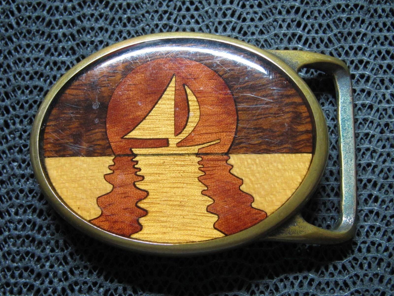 TECH ETHER VON WEST SAILBOAT WOOD INLAY BRASS HIPPIE BELT BUCKLE! VINTAGE! RARE!
