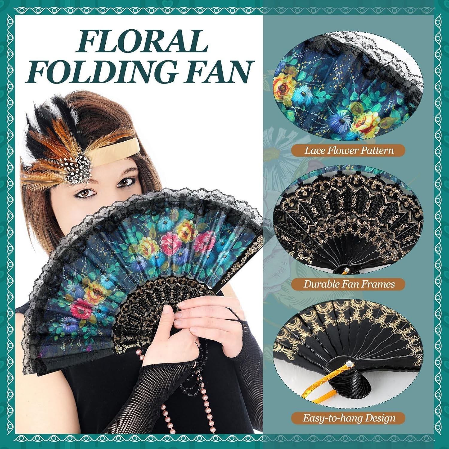 50 Pack Folding Hand Fans – 10 Flower Patterns