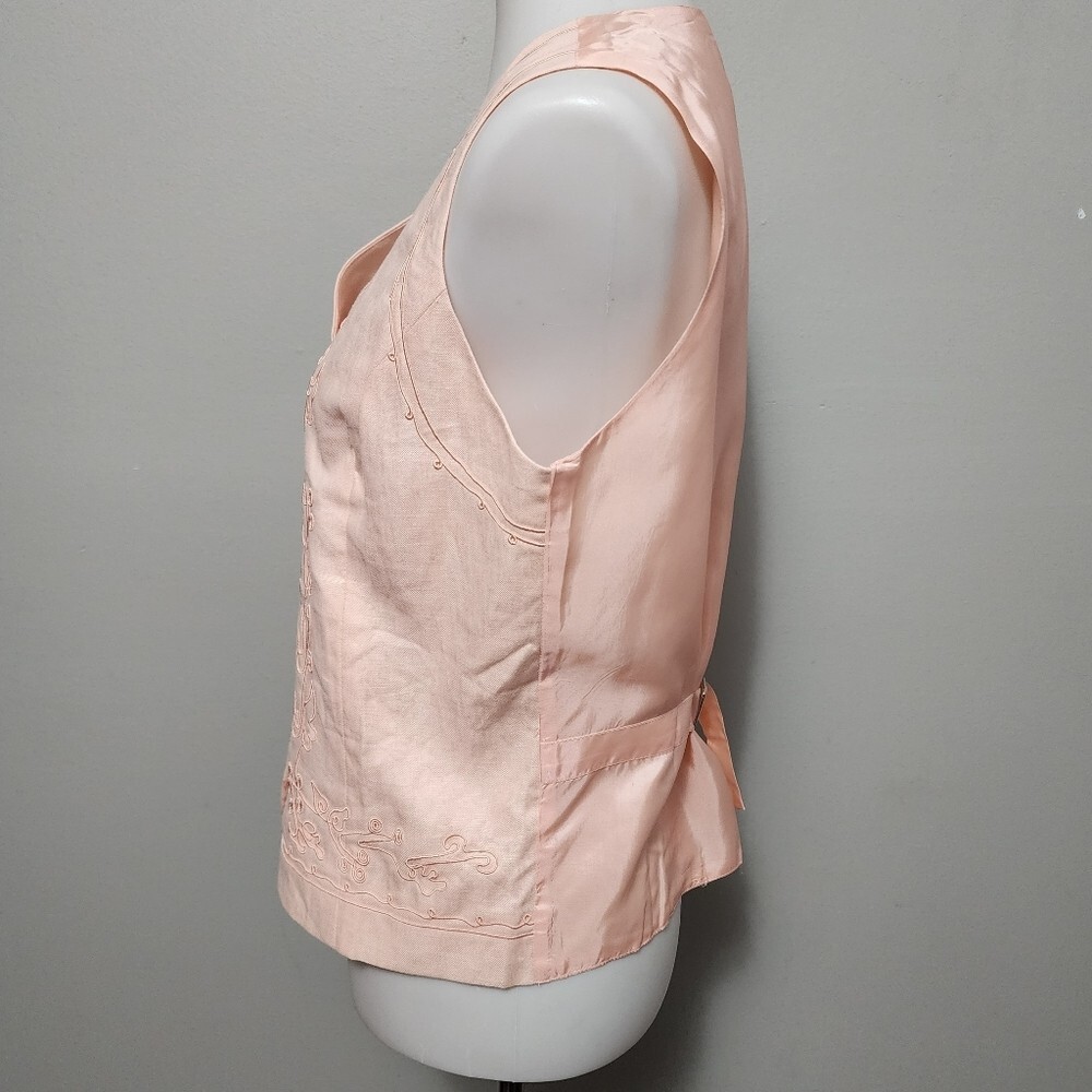 Vintage Stephanie Andrews 80s Peach Embroidered Linen Waistcoat Vest Size Medium