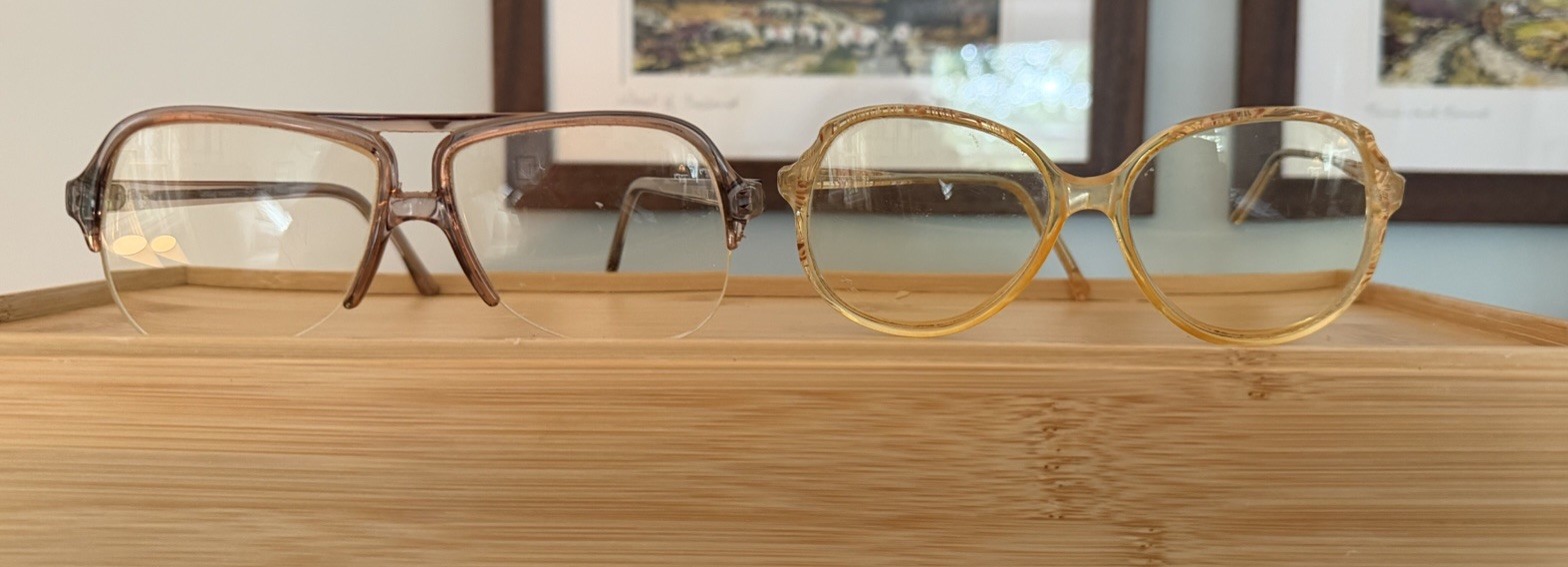 Vintage 1970’s And 1980’s Eyeglass Frames, With Lenses And Soft Leather Case.