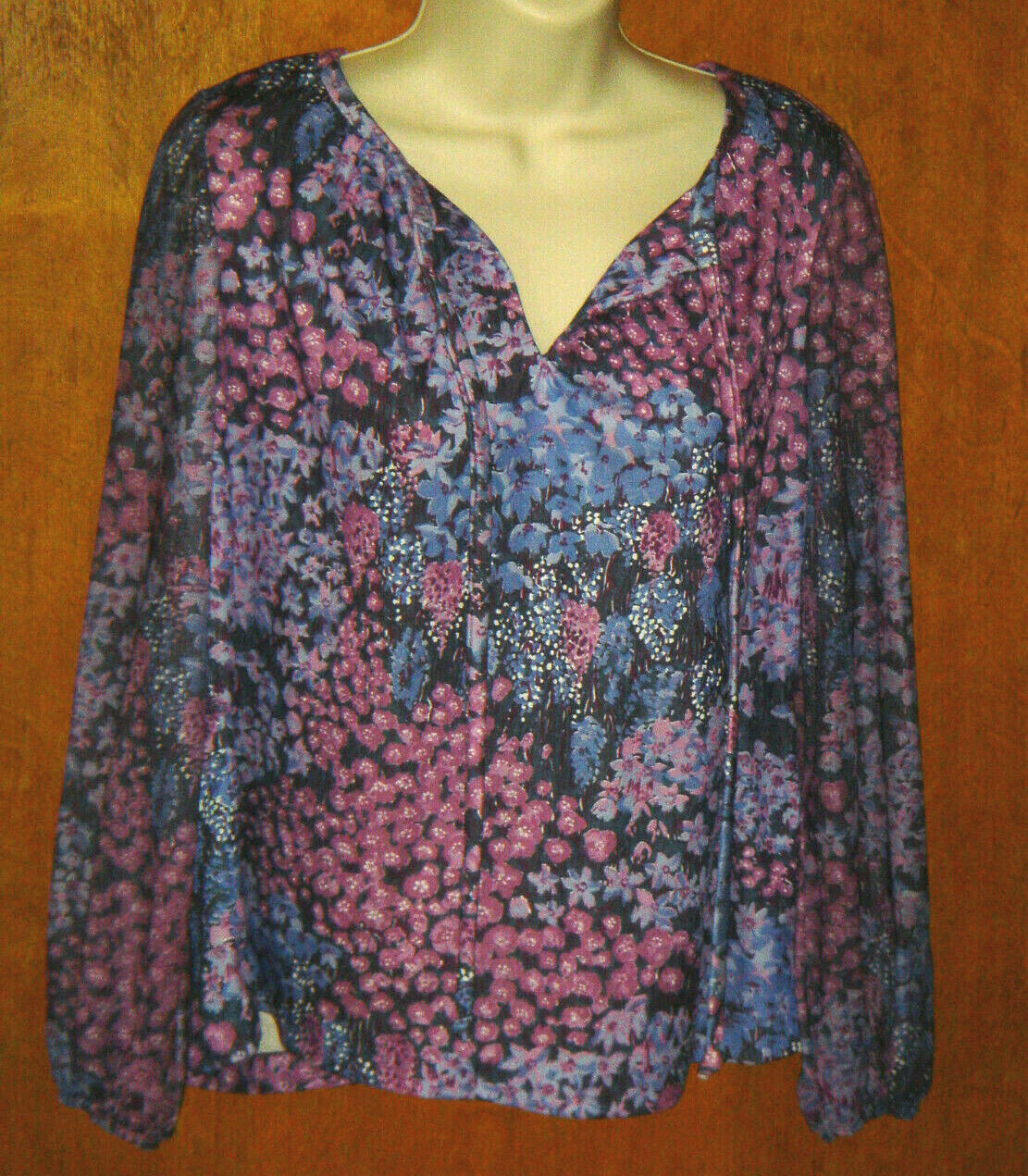 Vtg 70s skirt set dress 2 pc. BOHO Purple Floral Long Sheer Sleeve BUST=36 M