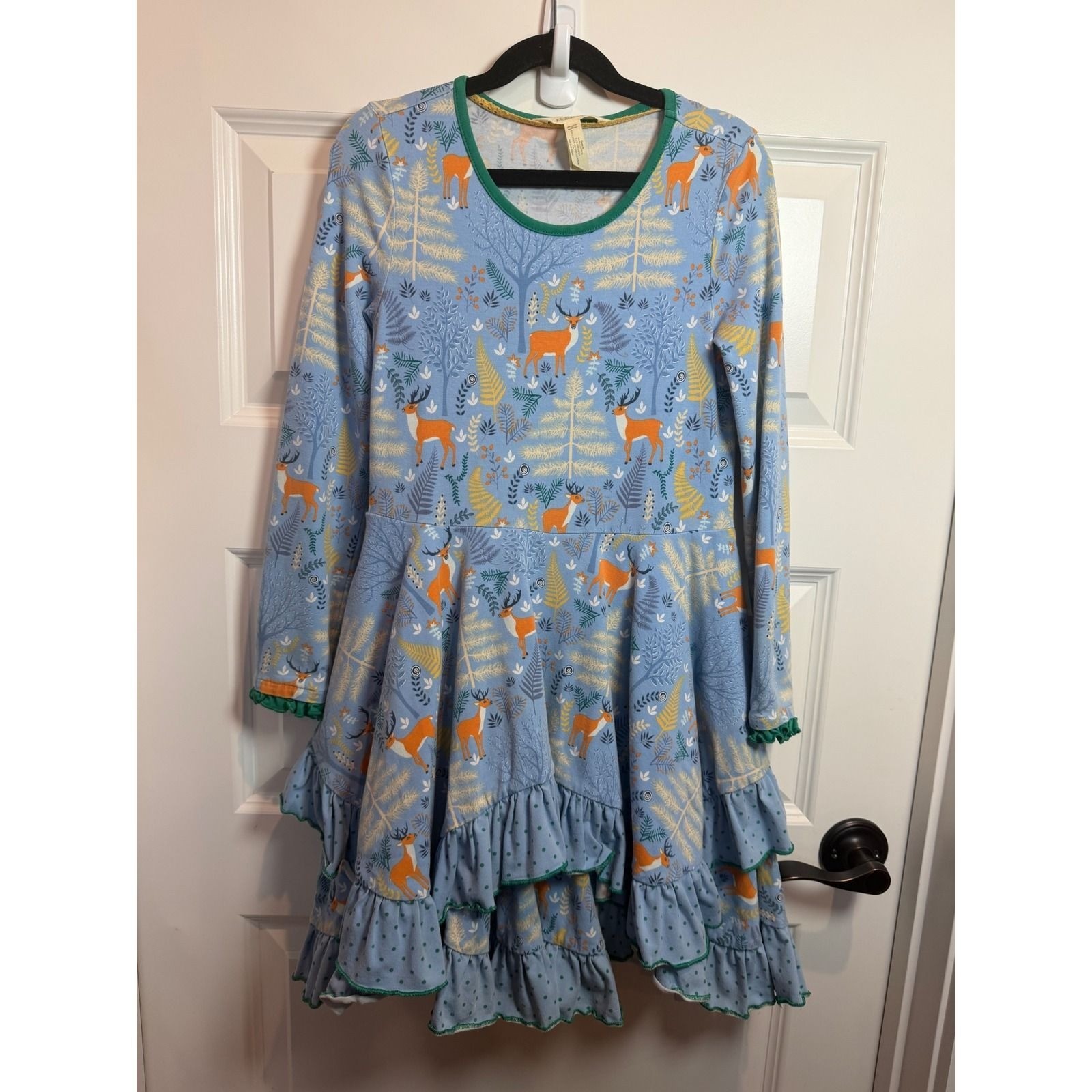 28.Matilda Jane Girls Blue Woodland Deer Tiered Ruffle Long Sleeve Dress Size 8