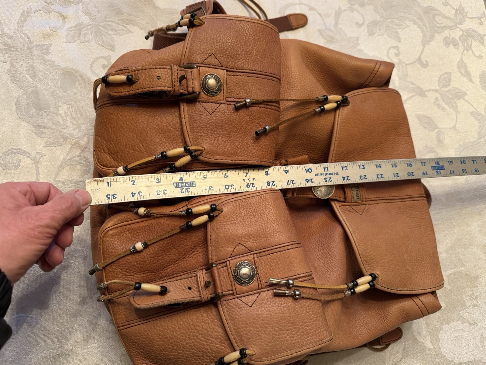 L.L Bean Large 17” Tan Pebbled Leather Rucksack Backpack Southwest Style Beads