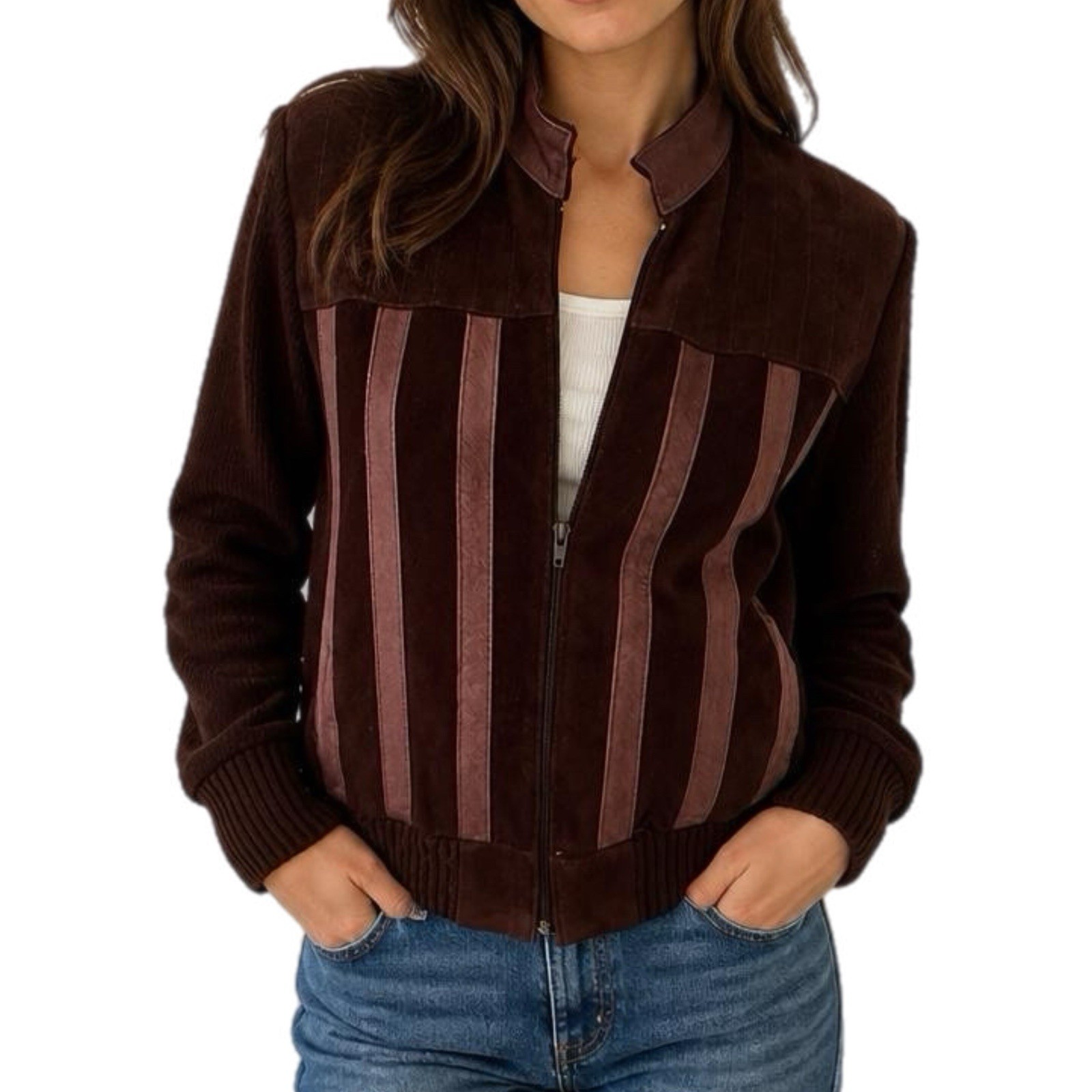 Vintage Deerskin Trading Post Panel Jacket Womens 70s Leather Trim Knit Coat – M