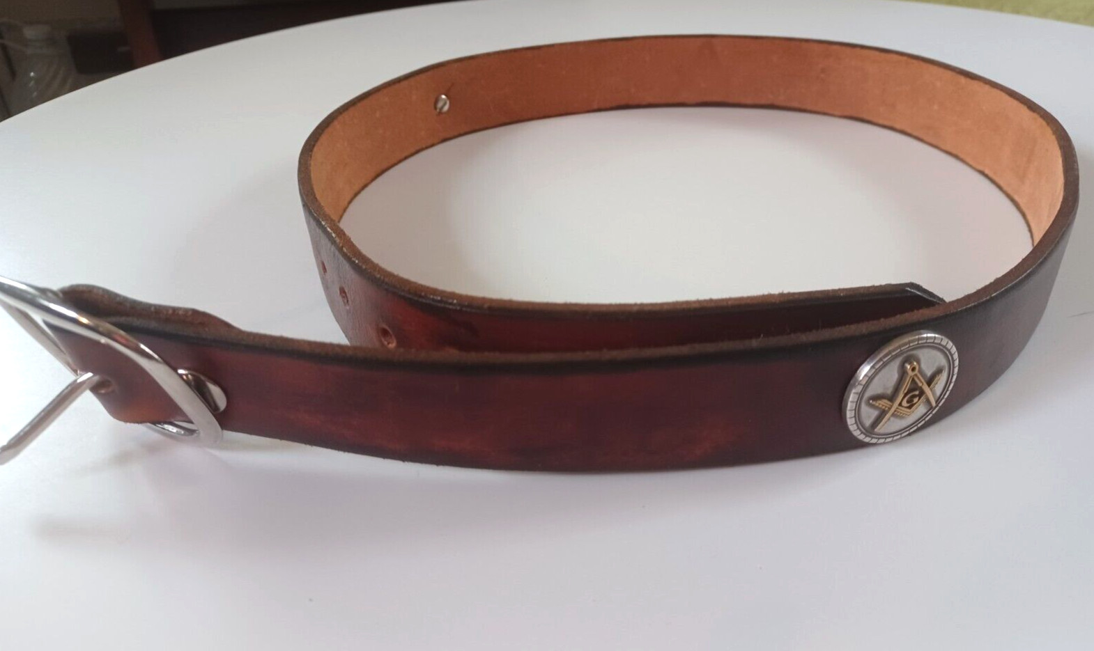 Vintage Hand Tooled Leather Belt Silver Metal Buckle Masonic Metal “Ed 213” 44″L
