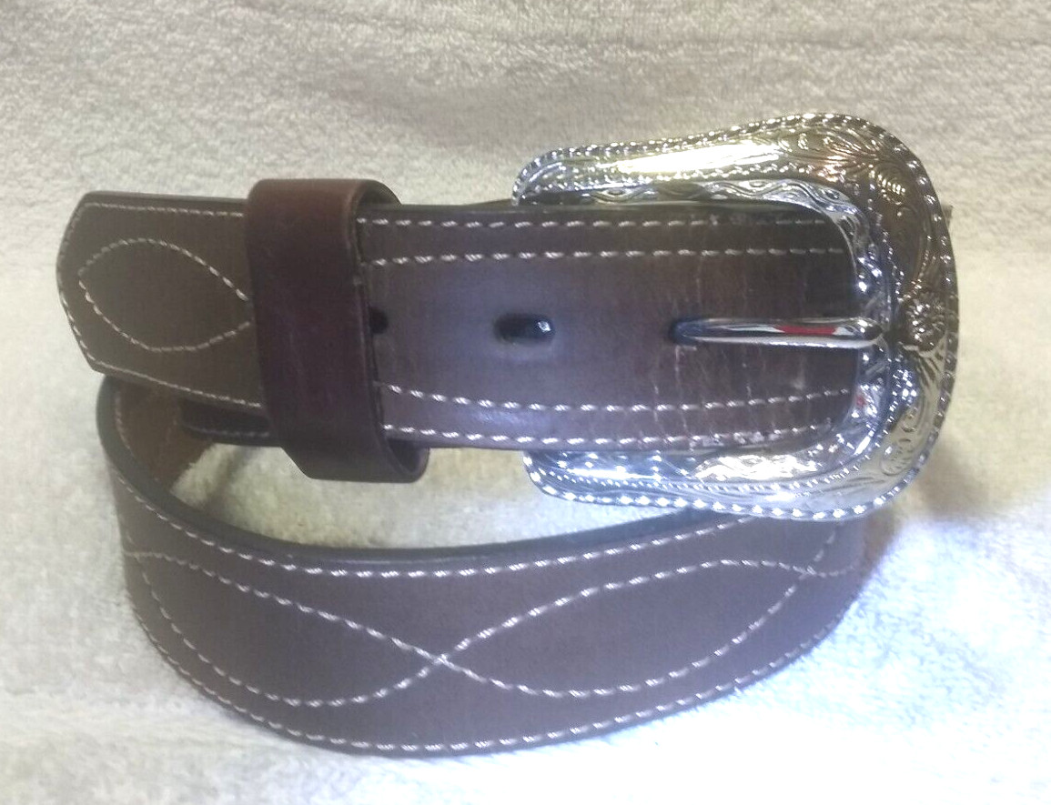 Brown Leather Belt Silver Western Buckle White Lace Size 36″ 1.5″ W Nice Shape