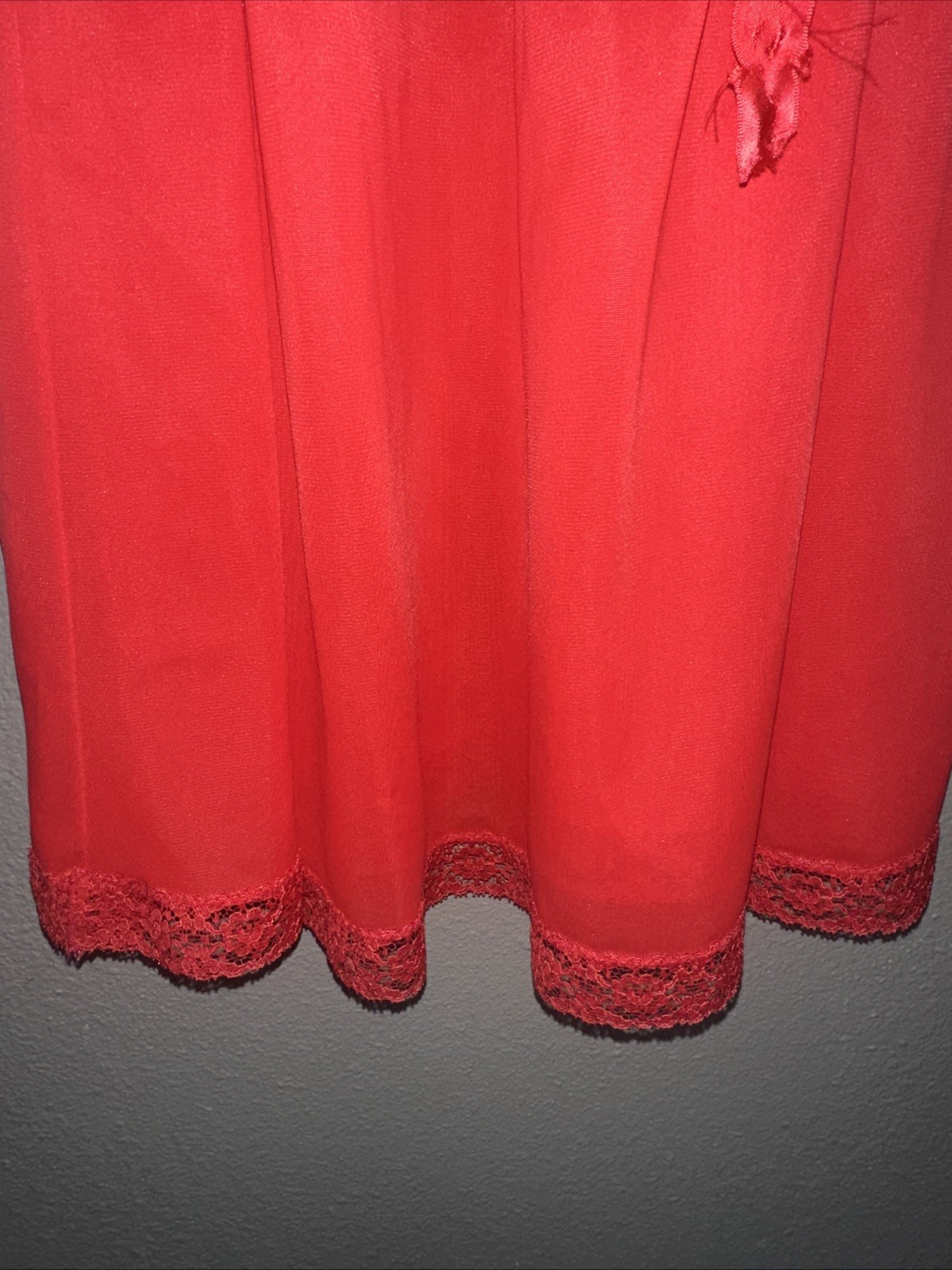 Vintage RED “Rogers” Size 36 Semi Sheer Nylon LACE Nightgown~Front Tie