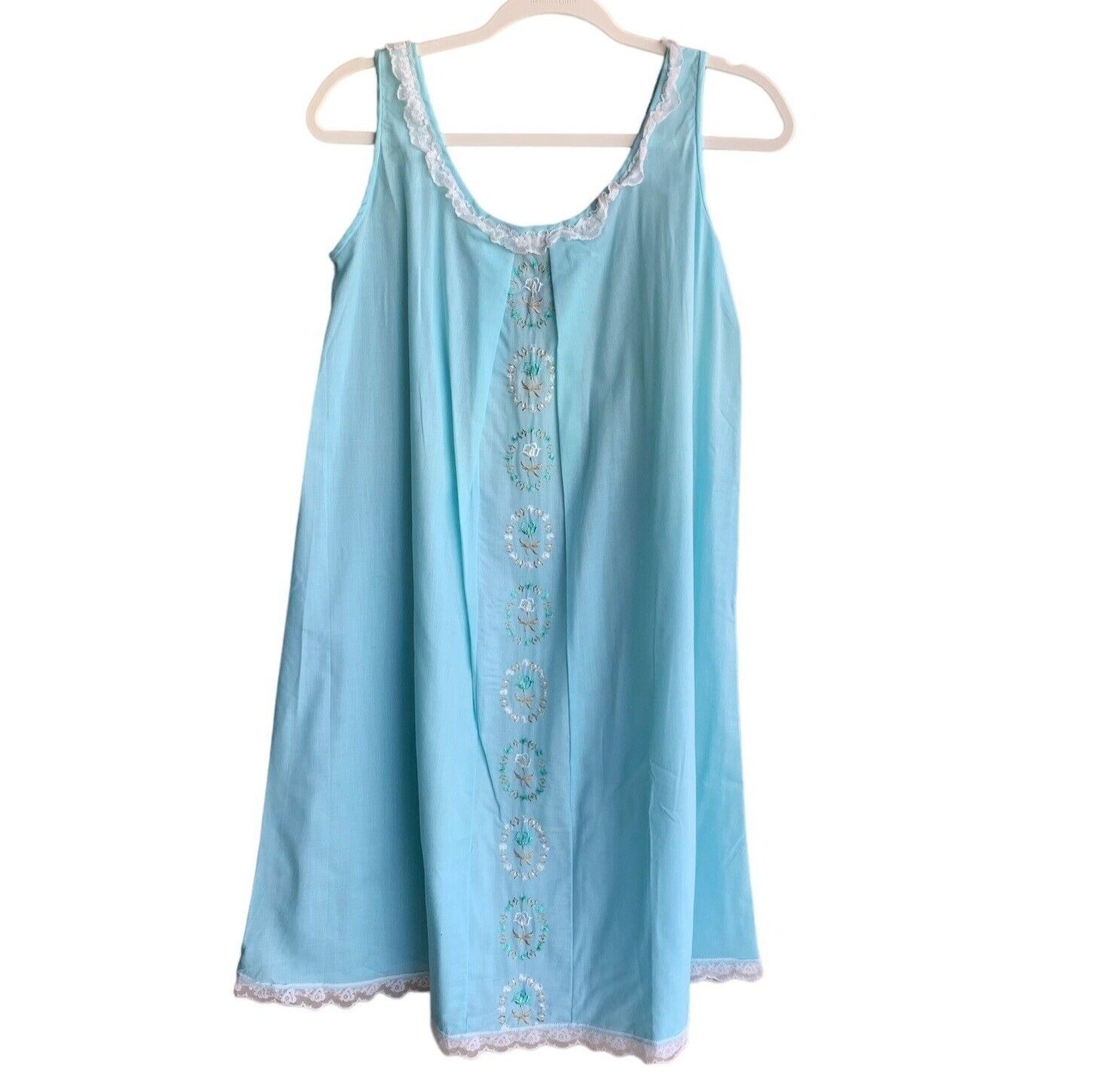 Vintage A-line Shift Nightgown Katz 32 Blue Sleeveless Cottage Core Embroidered