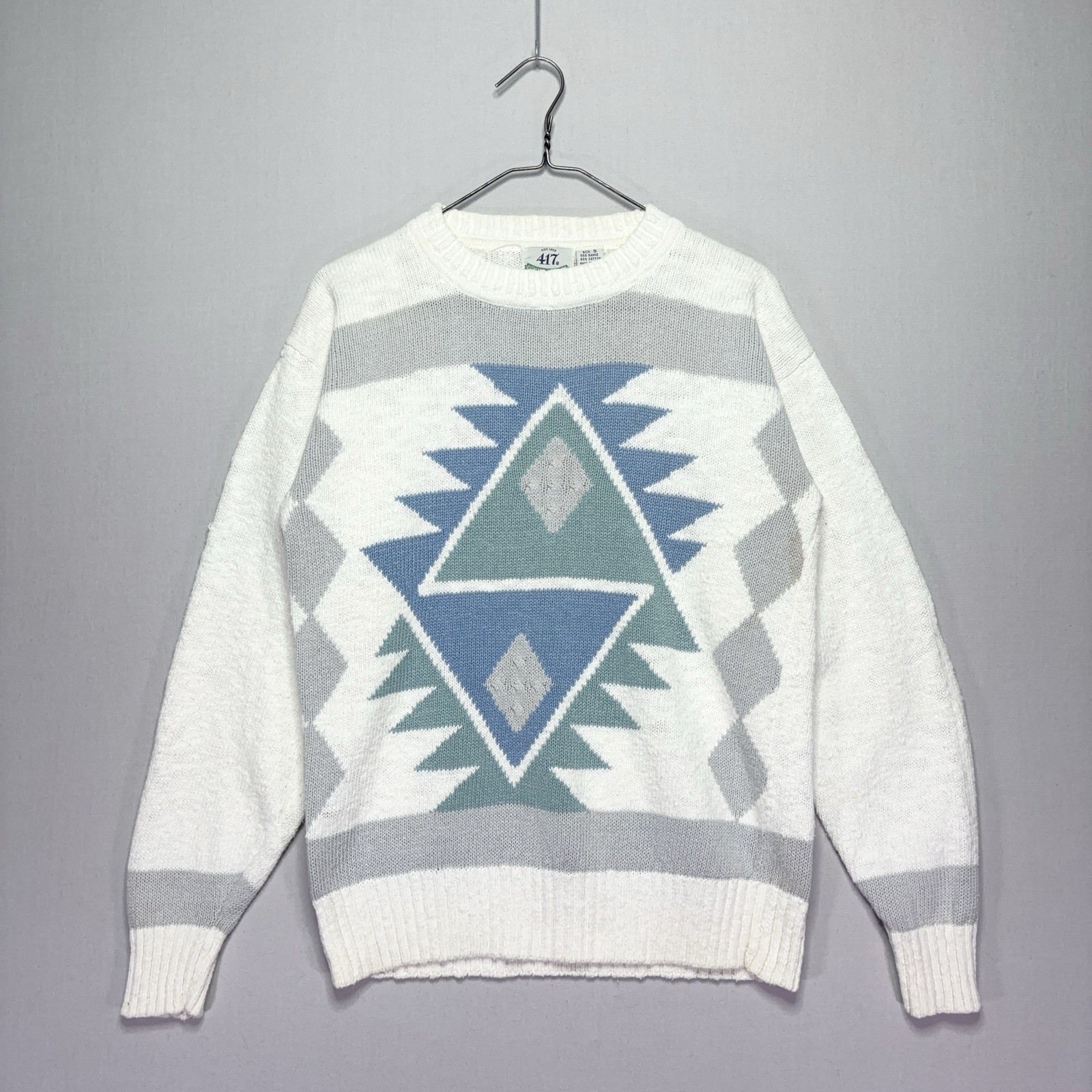VTG Van Heusen 417 Knit Sweater – White Blue Gray – Southwestern Aztec – SMALL