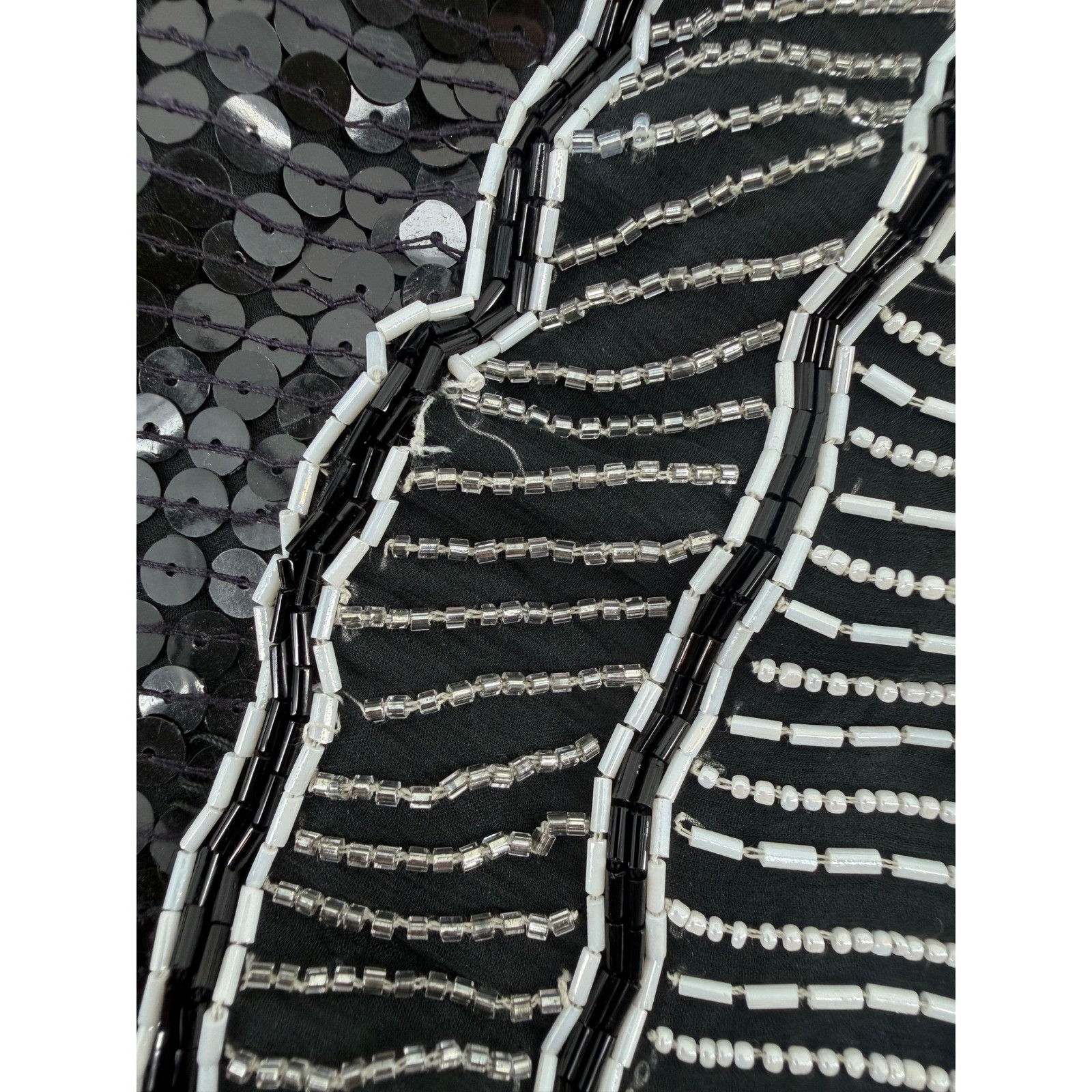 Vintage Sequin Beaded Tank Top Black White Fringe Pearl Detail Womens XL No Tag