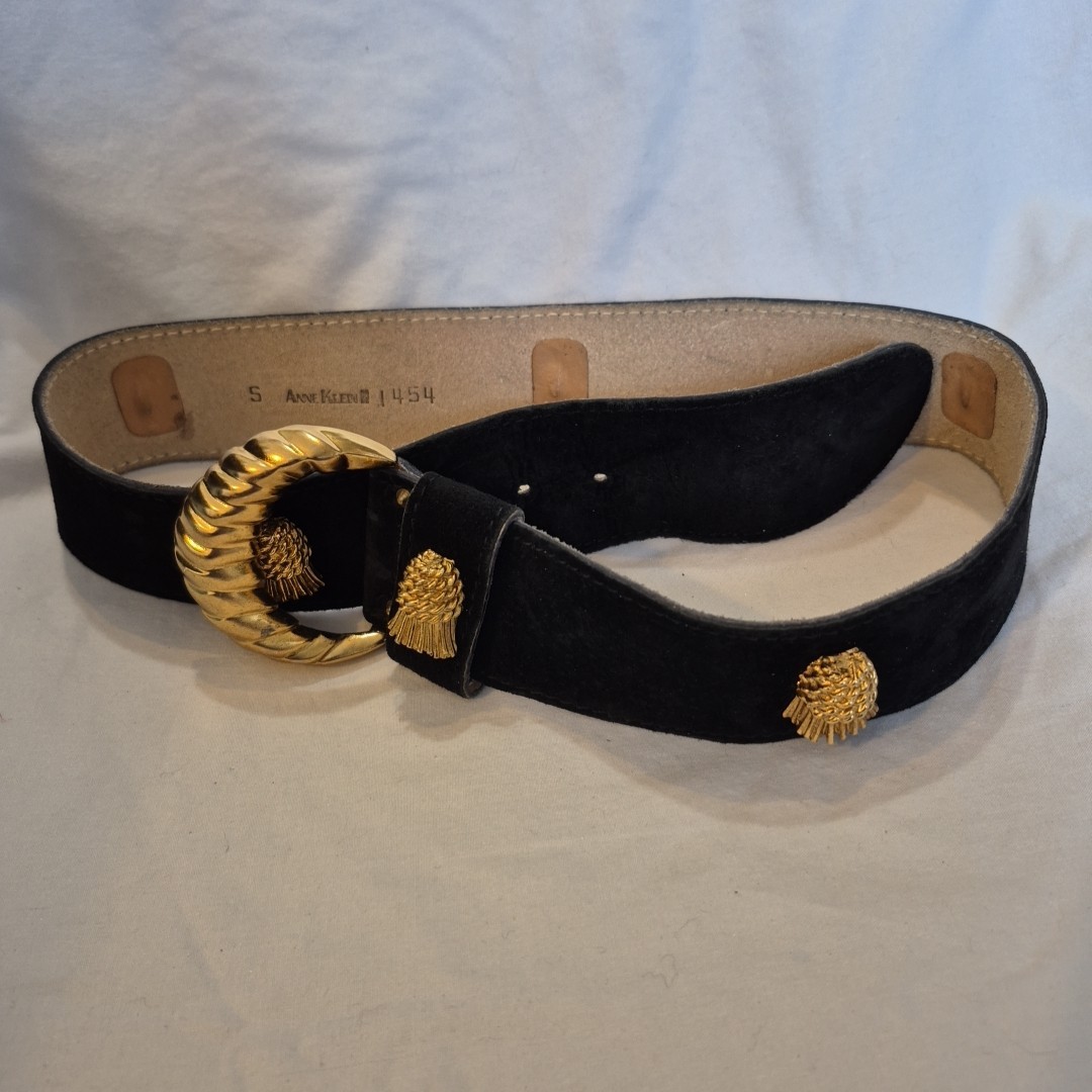Vintage ~ Anne Klein ~ Black Suede Leather Belt ~ Gold Brass 3D Tassels ~ Small