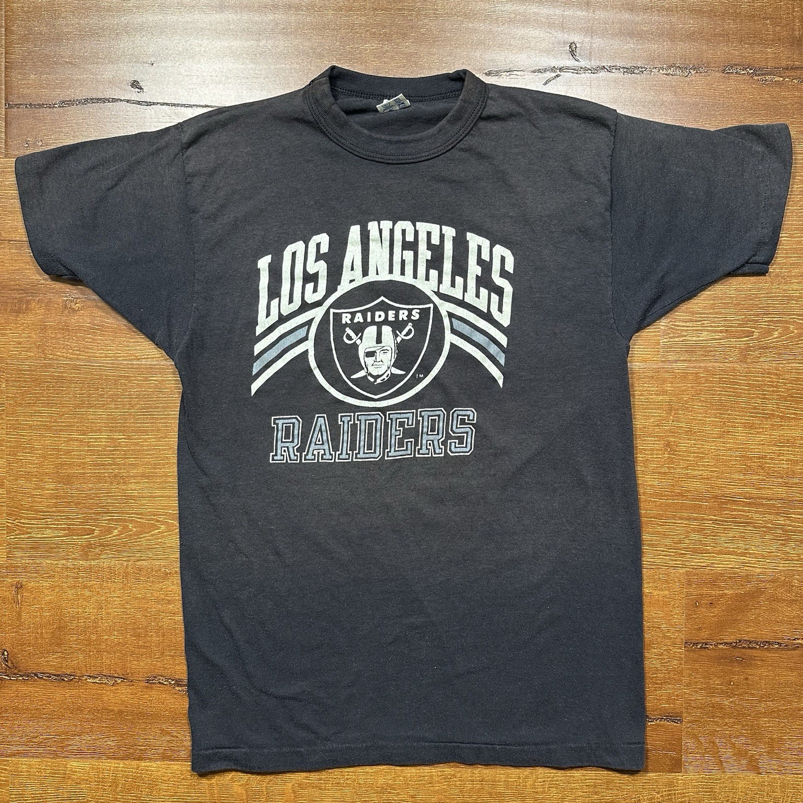 Vintage 80s Champion Los Angeles Raiders T Shirt Mens S Black Sun Fade NFL LA