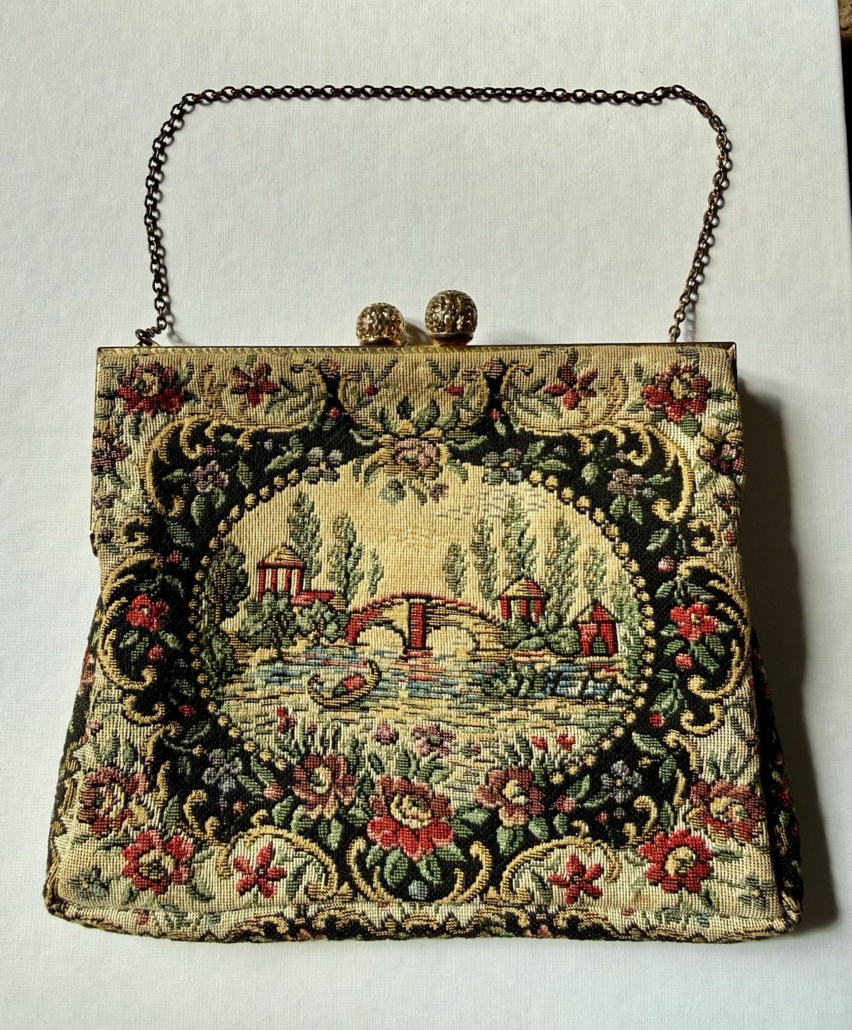Vintage Tapestry Kiss-Lock Frame Clutch w/ Chain Strap Made in France