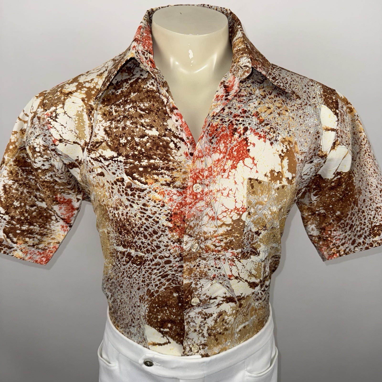 Vtg 60s 70s Arrow Disco Shirt Abstract Big Collar Mod Nik Polyester Mens Large