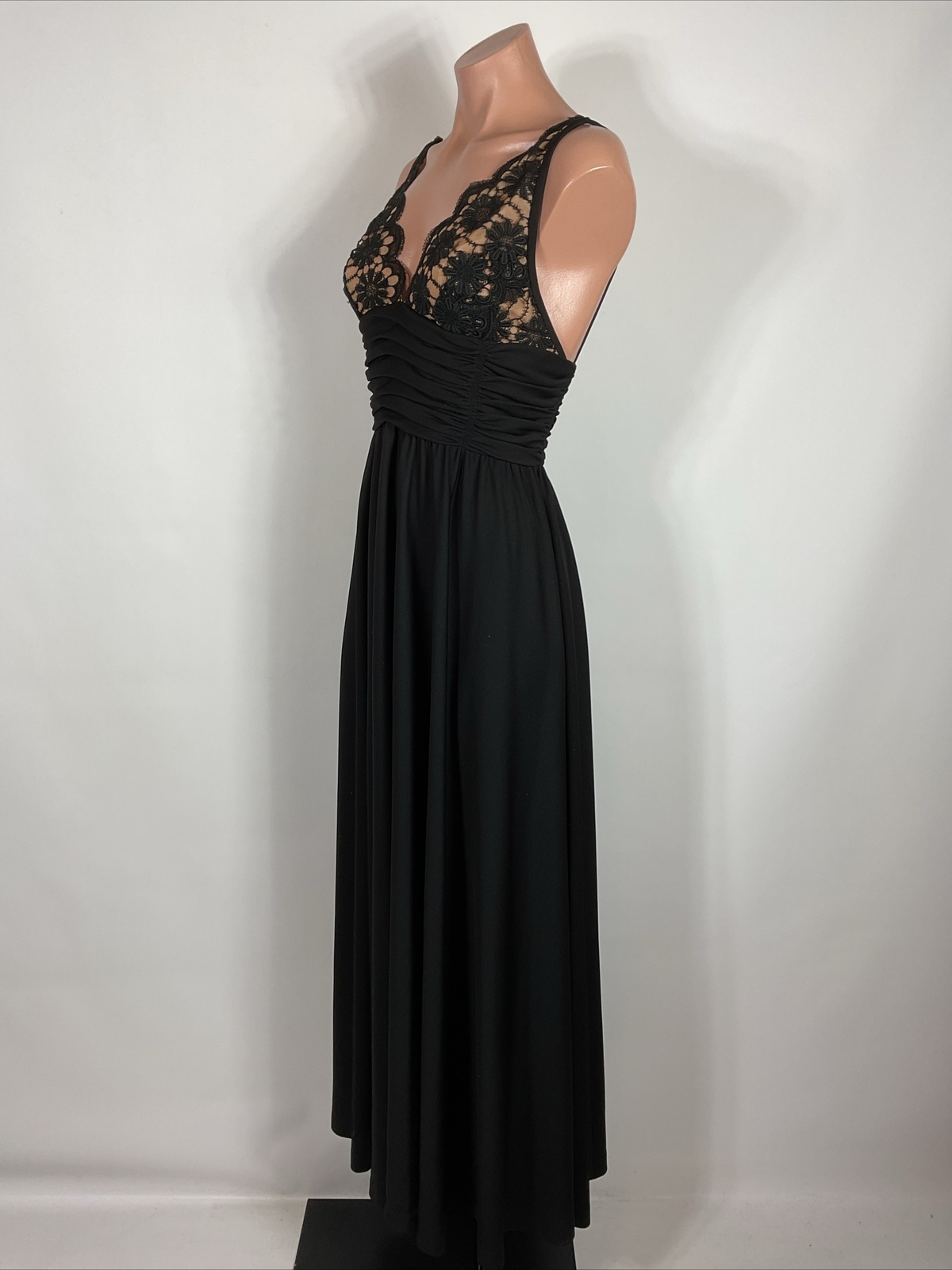 70s 60s Vintage Lilli Diamond Black Nude Lace Empire Waist Maxi Long Dress Gown