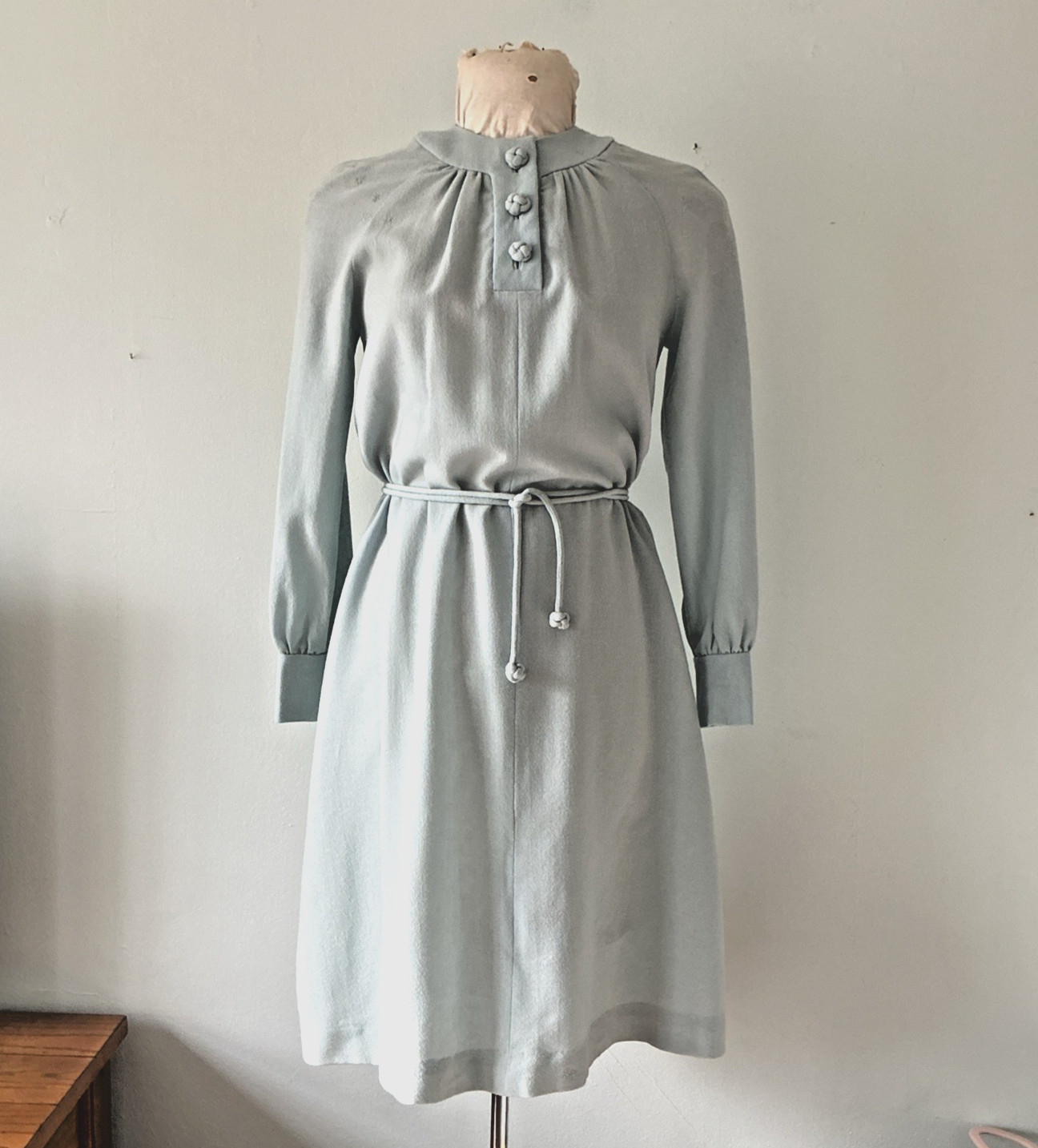 Vintage 1960s Neiman Marcus Wool Dusty Blue Mod Dress REPAIRS Womens Sz S Pastel