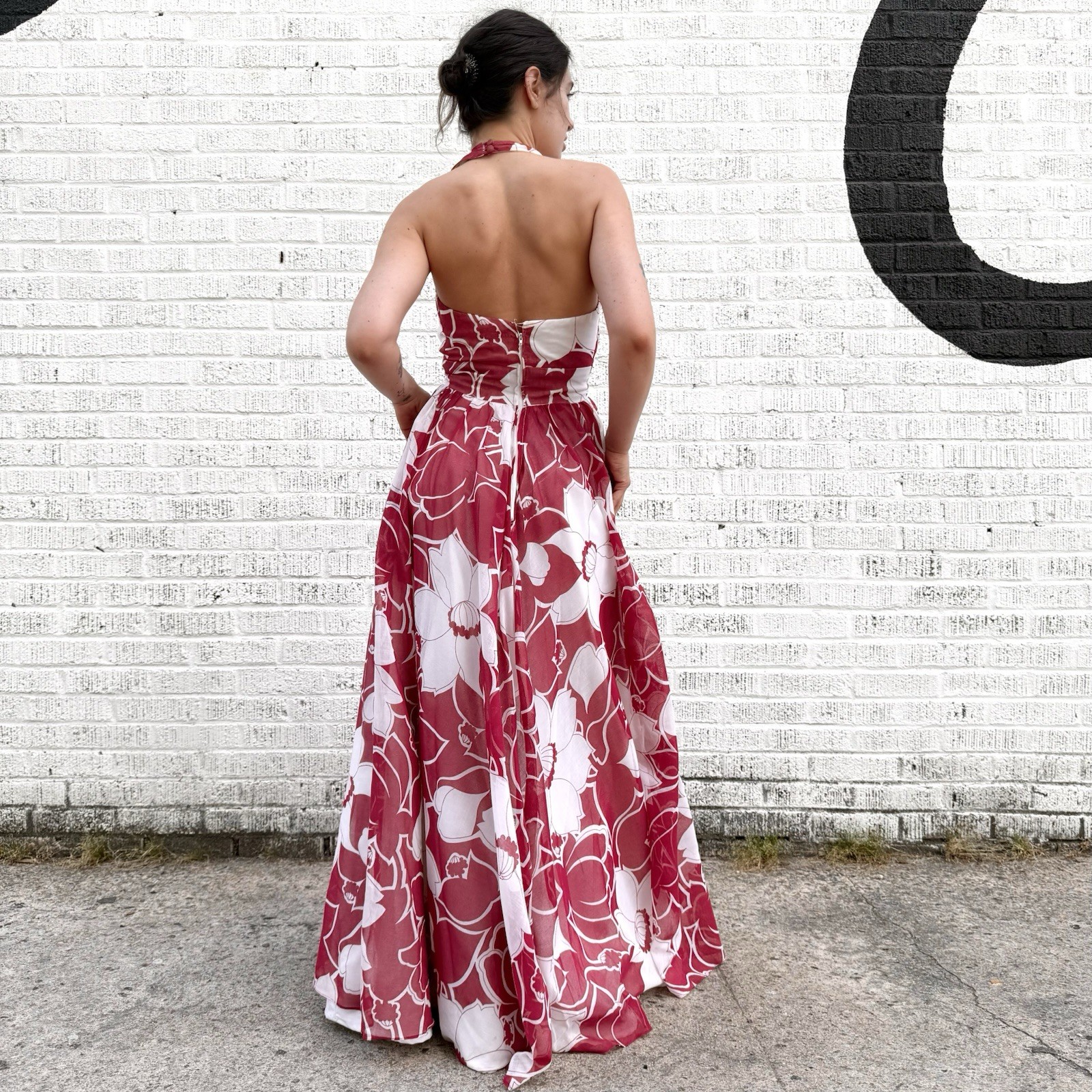 1970’s Red & White Floral Maxi Halter Dress • XS