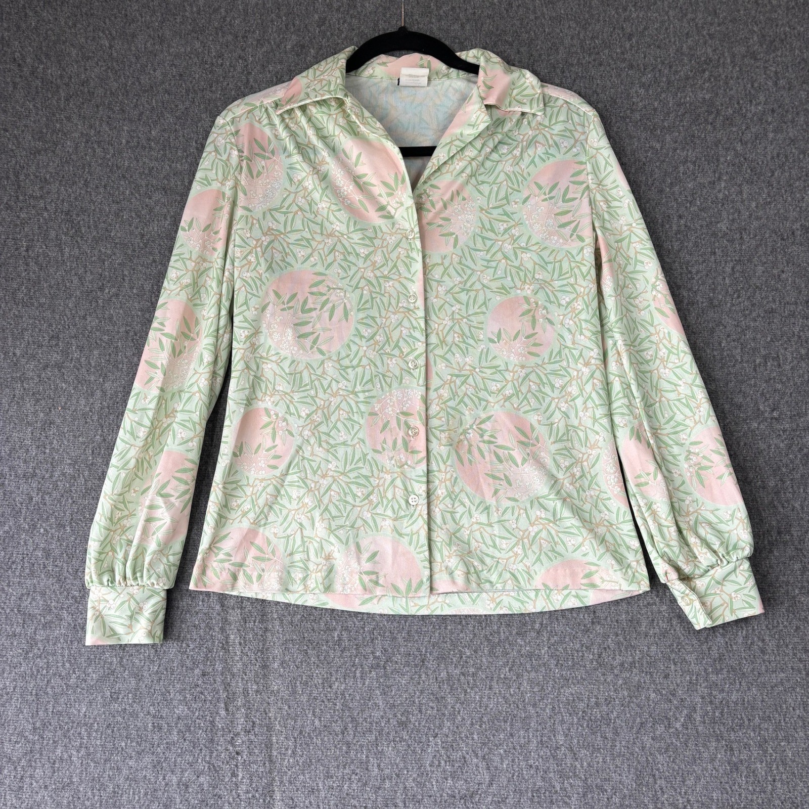 Vintage 70s Nikki Women Green Pink Botanical Floral Button Up Blouse Size 10