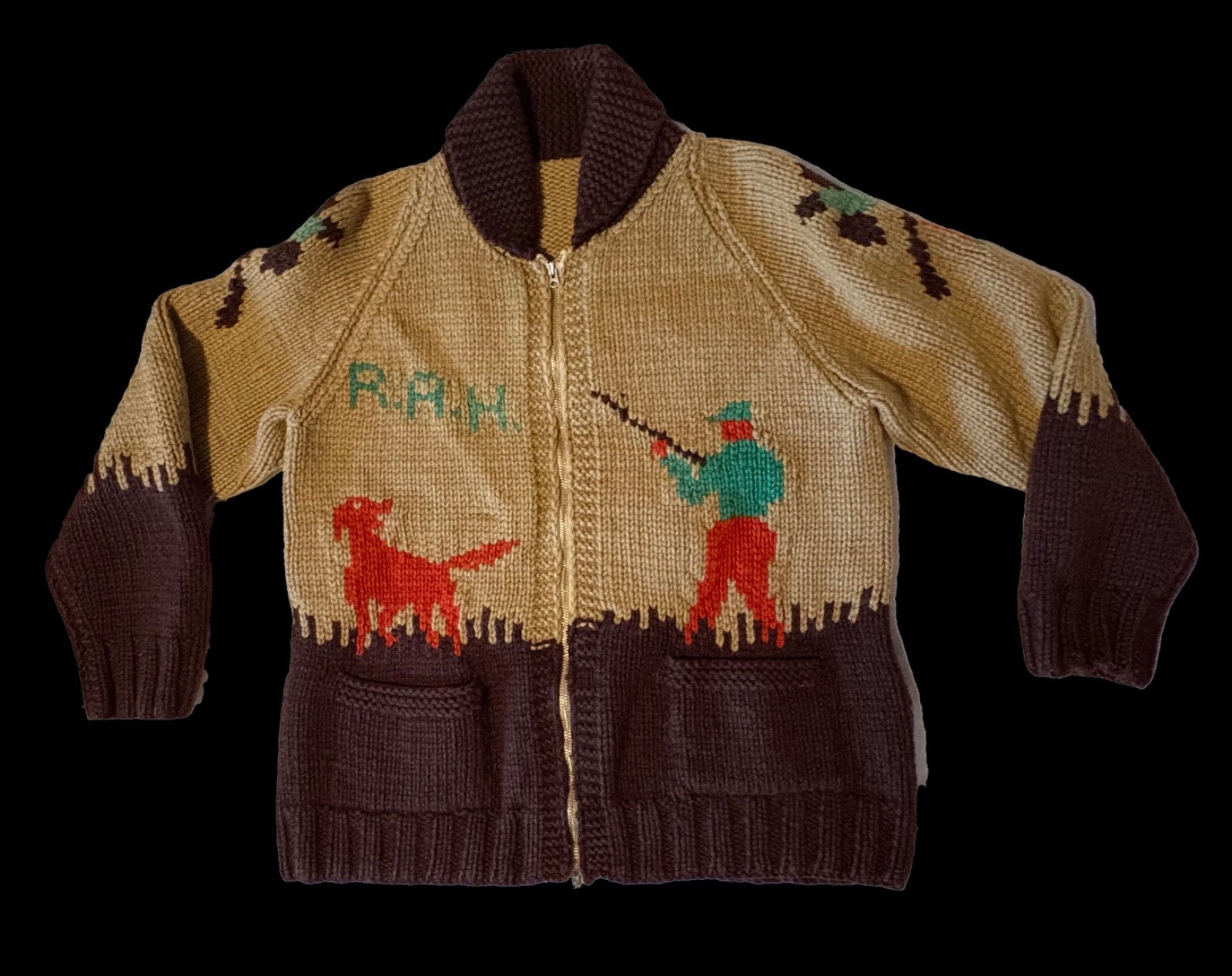1950S MARY MAXIM “PHEASANT HUNT” WOOL RAGLAN ZIP FRONT CARDIGAN HAND KNIT SWTR