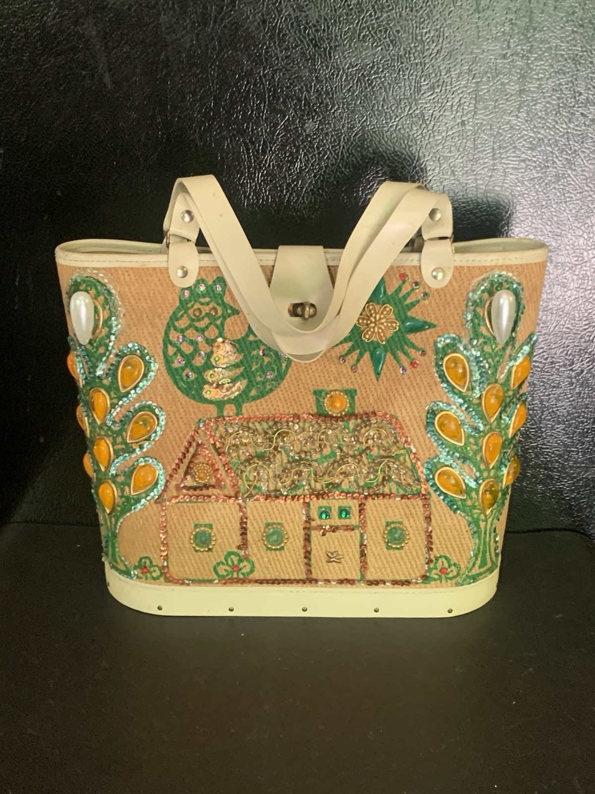 Vtg 60s Enid Collins Bejeweled Floral Design with Wood Bottom Handbag 13”x10”