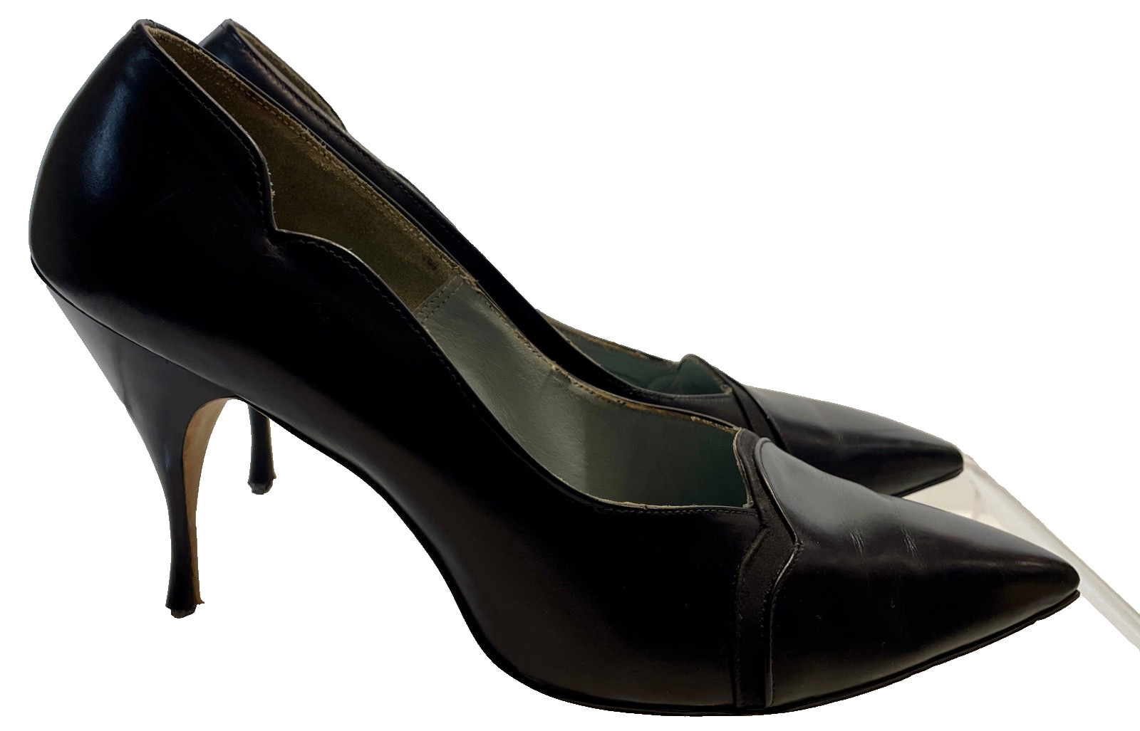 VTG 1960s LEEDS QUALICRAFT Scallop Pointy Leather Heels Pumps 10B fits 8 9 Navy