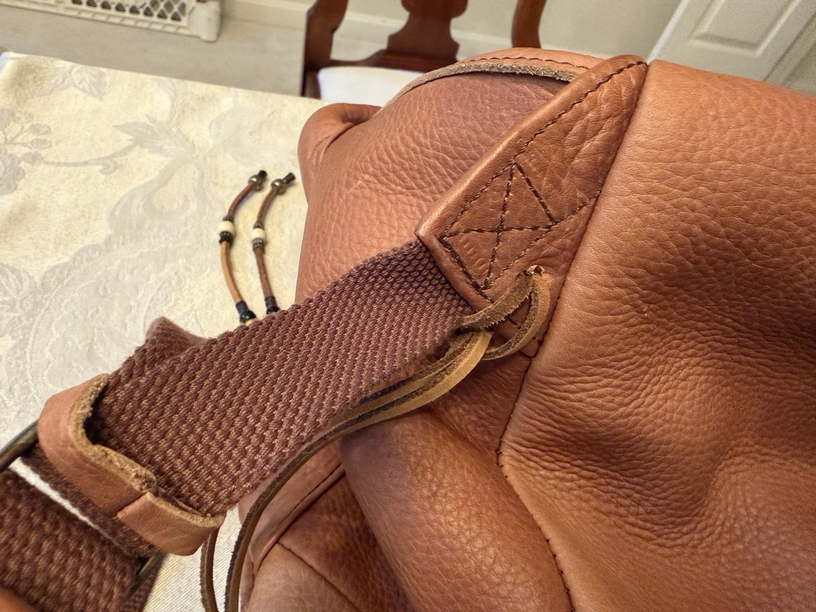 L.L Bean Large 17” Tan Pebbled Leather Rucksack Backpack Southwest Style Beads