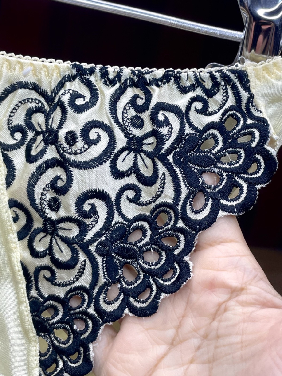 Vintage Light Yellow Nylon Panty Slippery High Leg Briefs Black Lace Bikini Sz.5