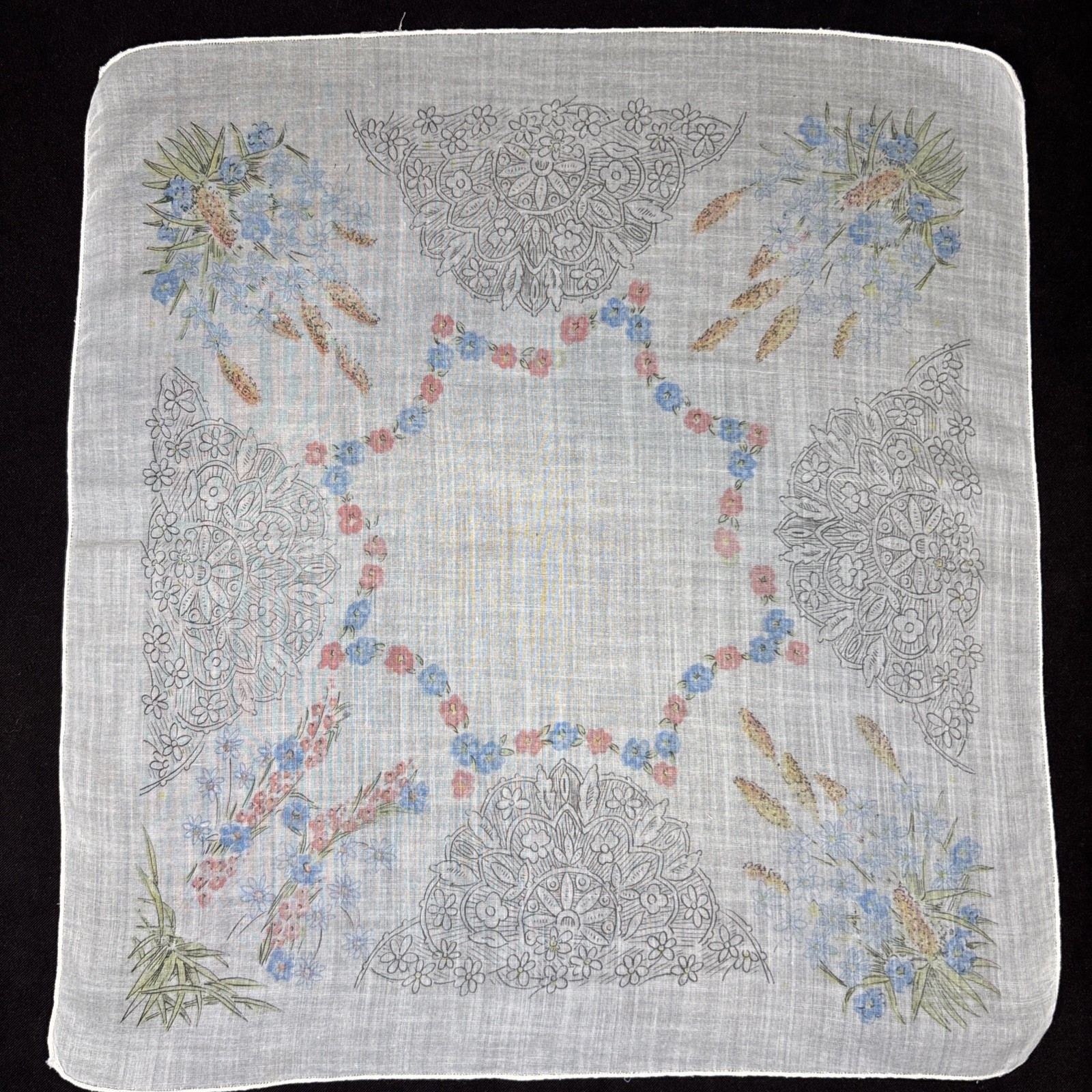 Vintage Floral Print Handkerchief Pink Green Gray 12” X 12.5” Hanky Hankie