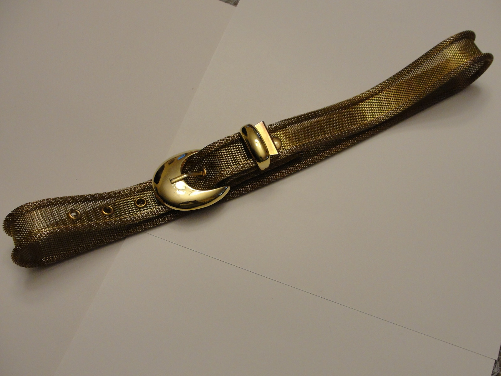 Vintage Shiny Metal Gold Tone Grommet Rolled Mesh Belt Oval Buckle 36″
