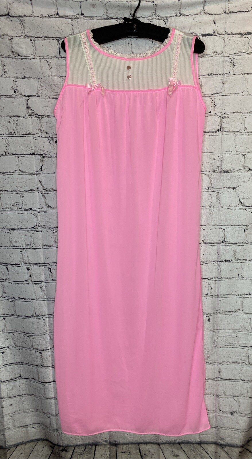 Vintage Hot Pink Luxurious Silky Nylon Long Nightgown Bows Lace USA Made Medium