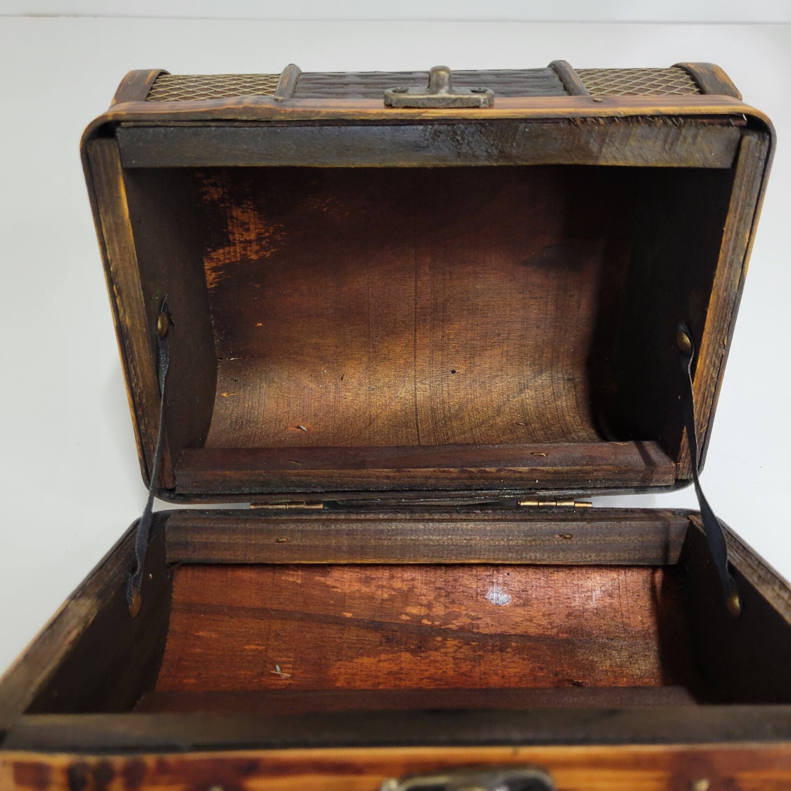 Wood, Metal, & Leather-like Trinket Box Purse Handbag W/ Metal Latch & Hardware