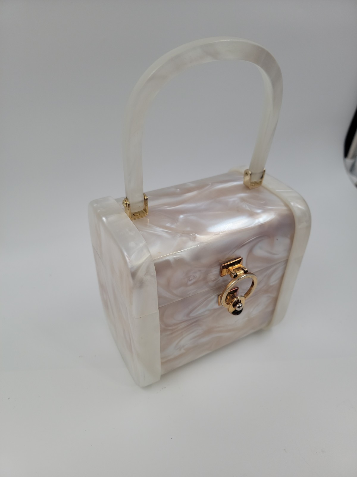 Vintage Lucite Stylecraft Pearlized Box Purse 6” (w) X 4” (d) X 6” (h)
