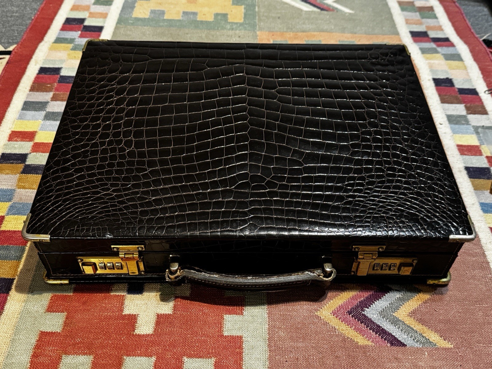 Vintage Black Croc Embossed Leather Attache Briefcase Brass Combination Locks X