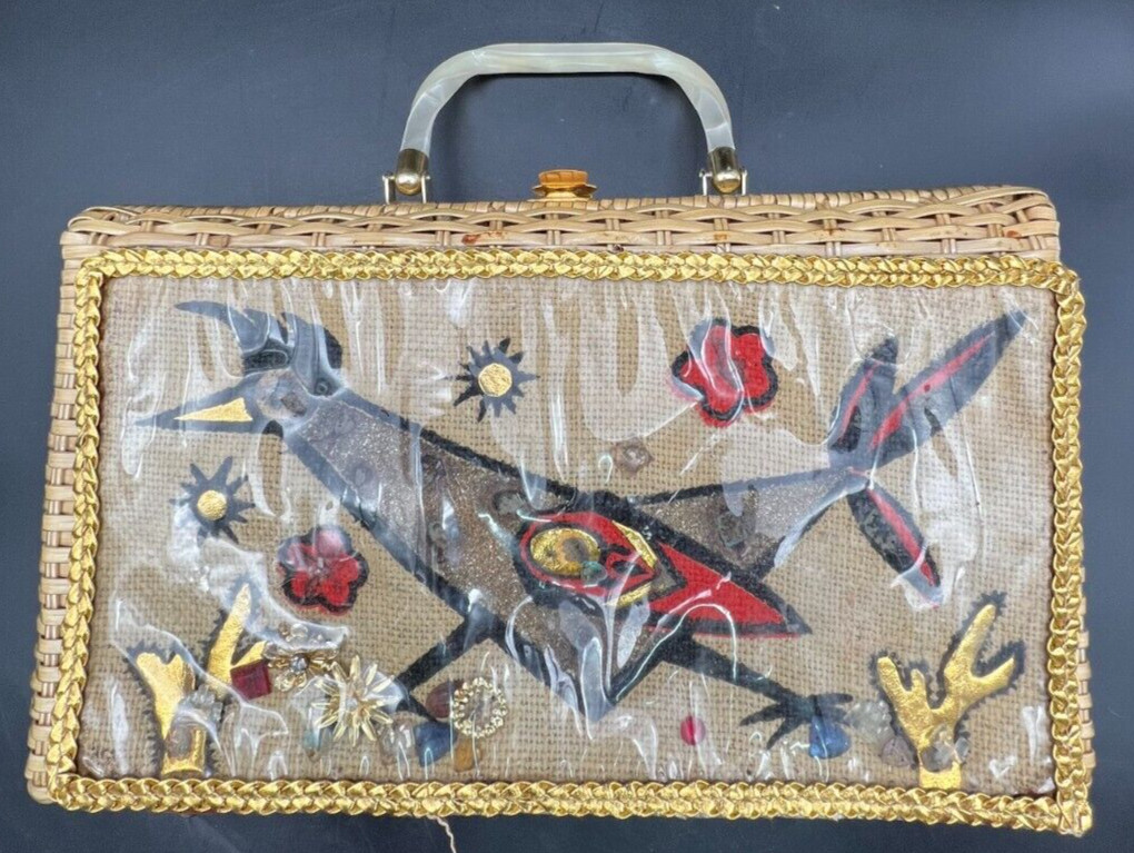 Vintage Handmade Vinyl Wicker Purse by Paico with a Jeweled Roadrunner Front