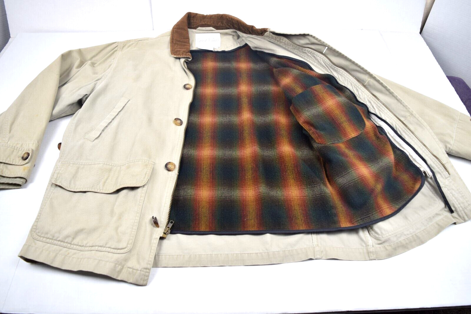 Vintage Coat Great Lakes Size M 90s Beige Cotton Plaid Lining Corduroy Collar