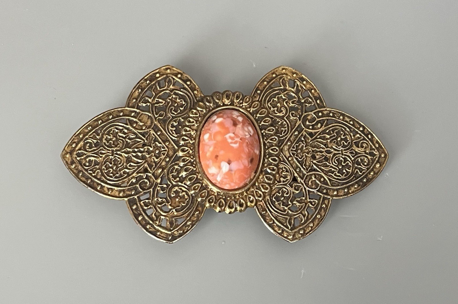 Vintage KOREA Brass Tone Ornate Metal Hair Barrette Acrylic Coral Oval Stone 4”