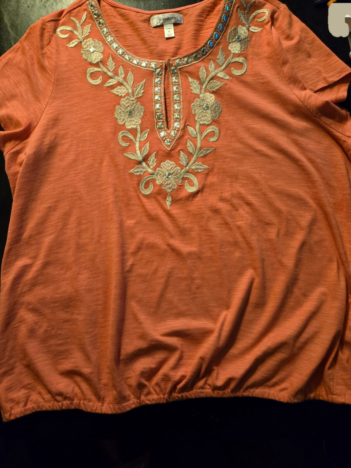 Blouse-Women’s Dress Barn-Soft Pumpkin-Embroidered Floral- Fall Ready! 1XL
