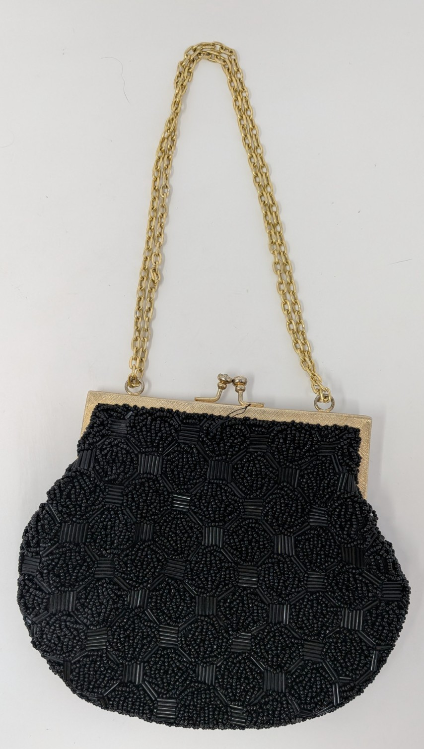 Vintage Black Beaded Evening Bag Handmade Hong Kong Gold Kiss Clasp Old Money