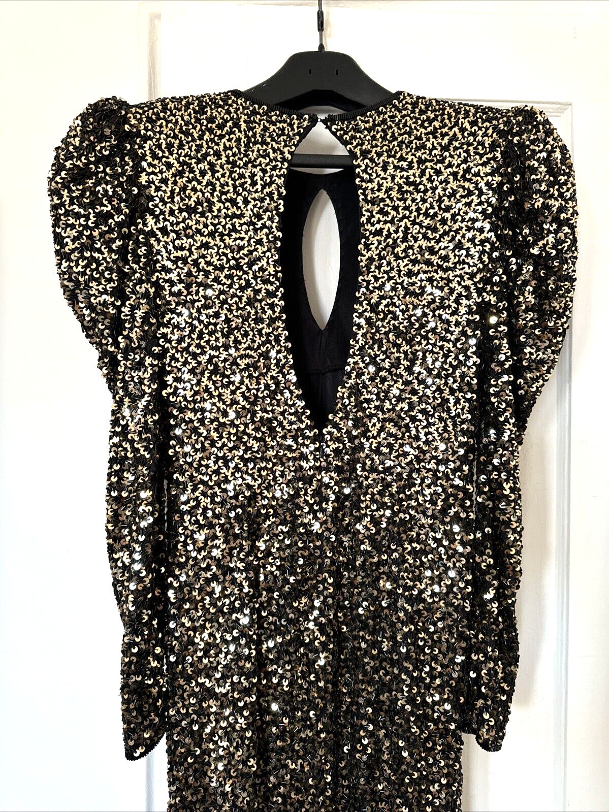FAB! Vintage Black Tie He-Ro Womens Long Dress Black Beaded Sequined 80s S-M