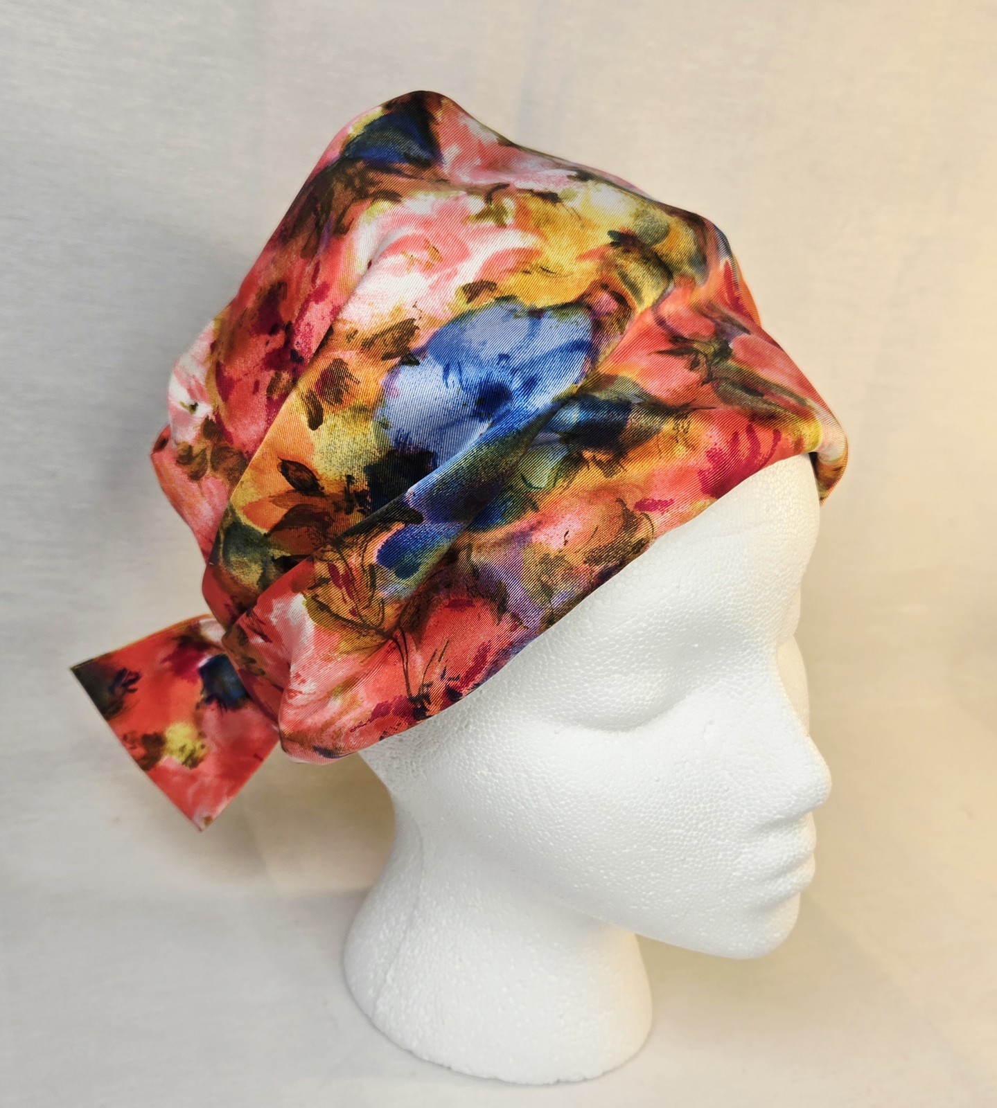 Vintage Pink Watercolor Floral Turban Style Hat With Bow- Vibrant Colors!
