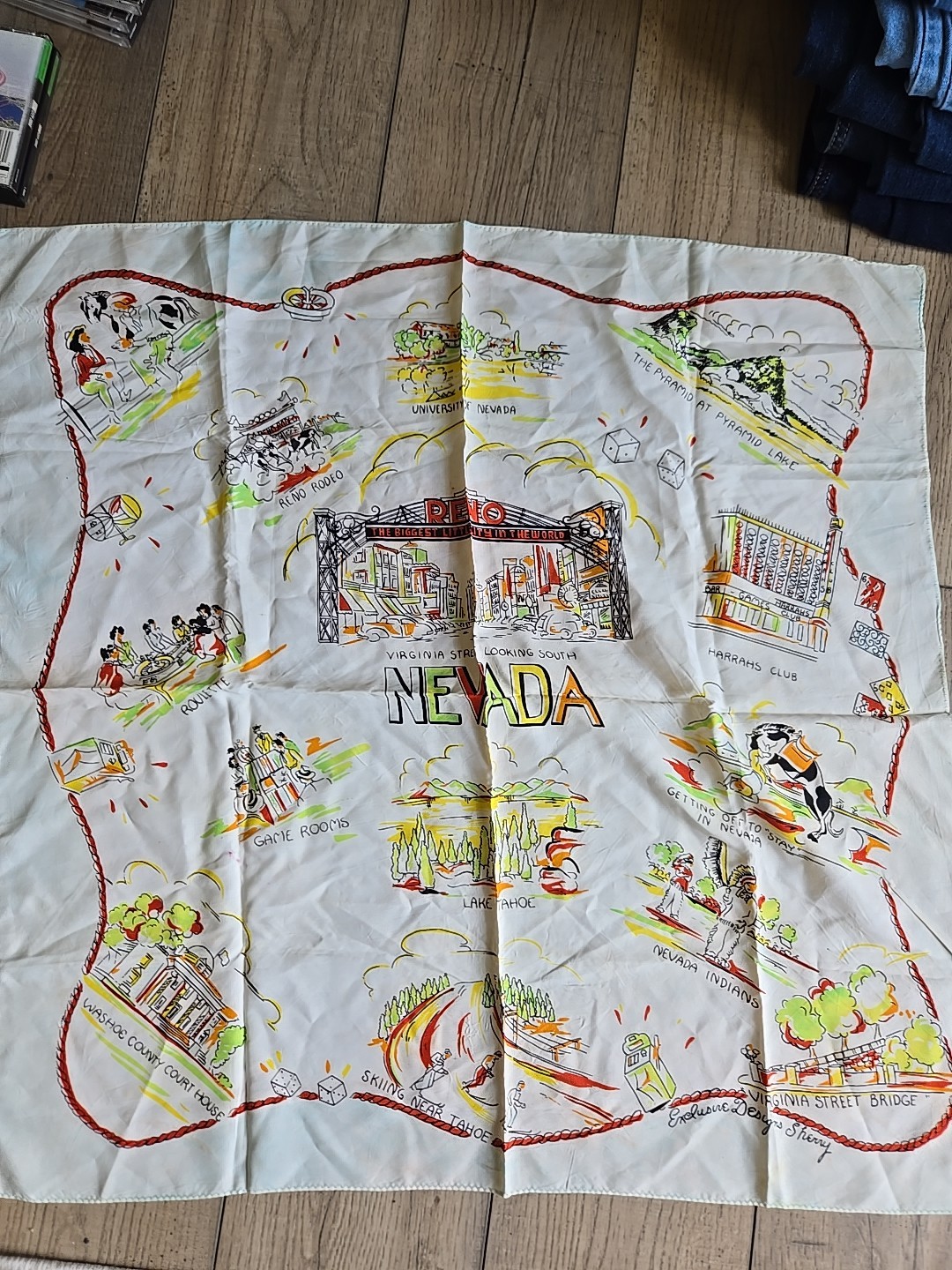 Vintage 50s RENO Nevada Souvenir Novelty Big Print Silk Scarf 28″