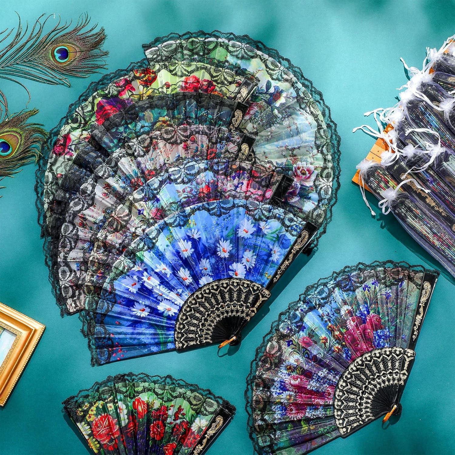 50 Pack Folding Hand Fans – 10 Flower Patterns