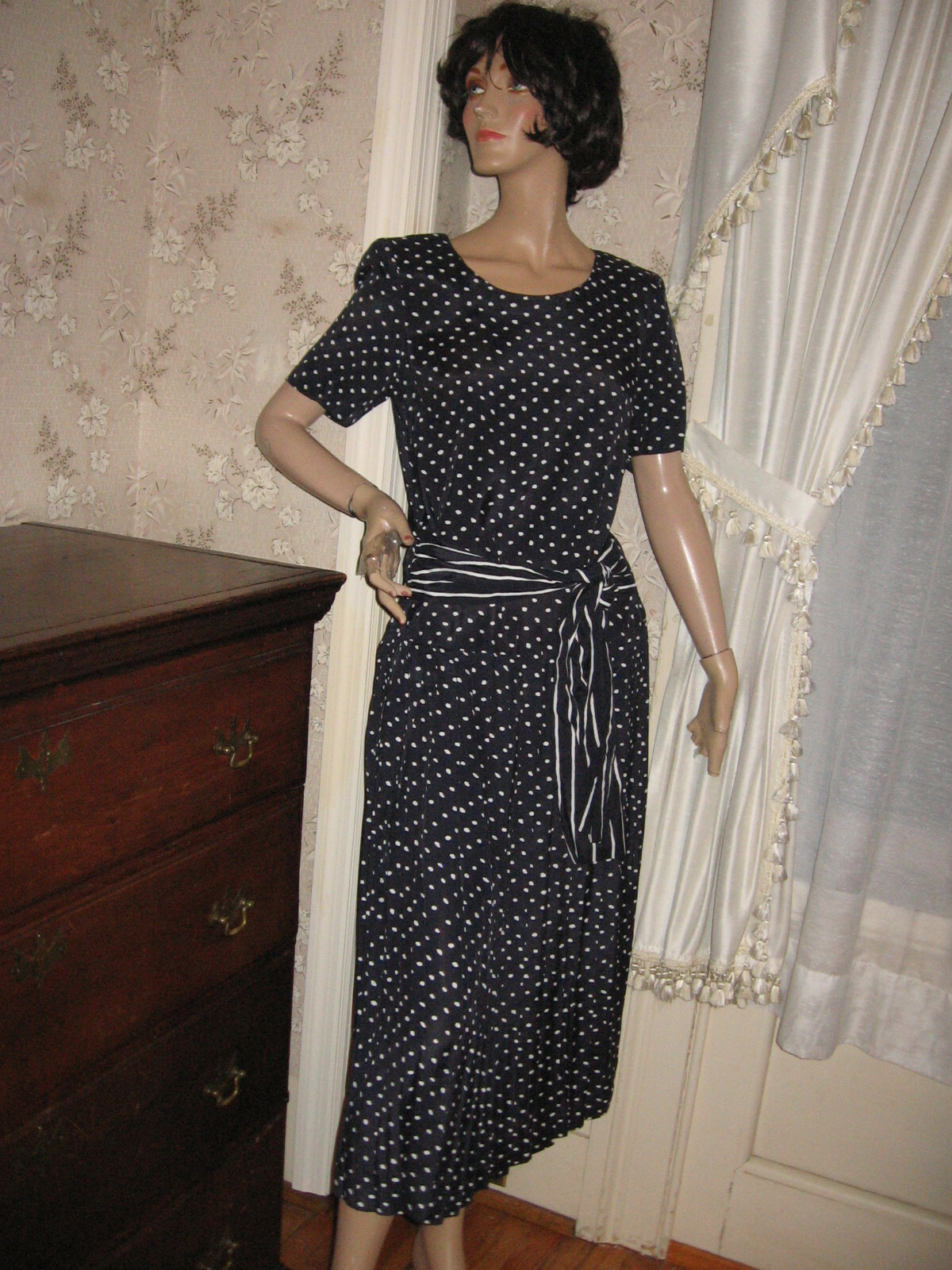 VINTAGE NAVY/WHITE POLKA DOT/STRIPED DRESS E.D.MICHAELS BY MELANIE DRUCKER-7/8